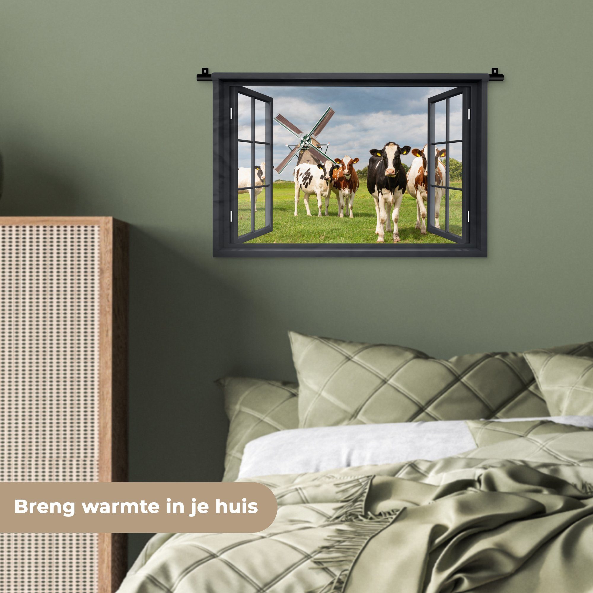 Mühle - Aussicht Wohnzimmer, - Wanddekoobjekt für Wandbehang, Schlafzimmer, Wiese Kleid, Gras - Kinderzimmer - Grün, Wanddeko Kühe Kuh MuchoWow - -
