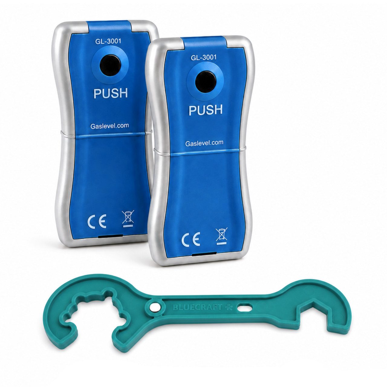 BlueCraft Druckminderer 2x Gasflaschen Füllstandsanzeiger Ultraschallsensor & Gasreglerlöser, (Set aus 2x Füllstandsanzeiger & Gasflaschenschlüssel), für 2,5 kg - 33 kg Stahlgasflaschen ideal für Camping