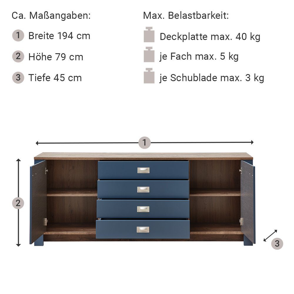 Lomadox Details blau Sideboard Essgruppe Landhaus Buffetschrank, in in Nb., DEVON-36, mit Eiche (Spar-Set),