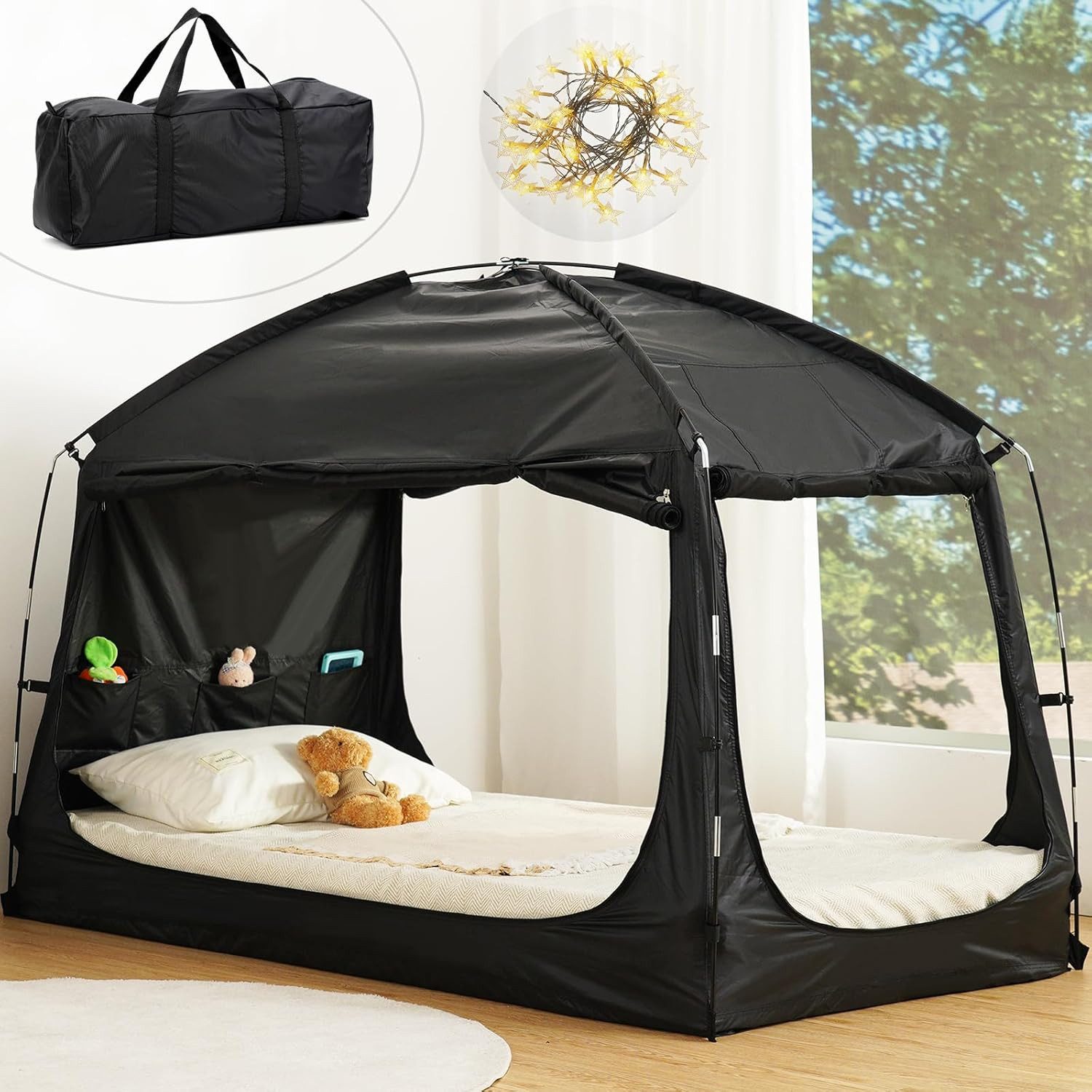 Insma Spielzelt Kinderzelt Bettzelt für Doppelbett, 99% Verdunkelung, Sternenlicht (3 Türen, 190,5×137×134cm, atmungsaktiv,tragbar mit Aufbewahrungstasche) für Erwachsene & Kinder