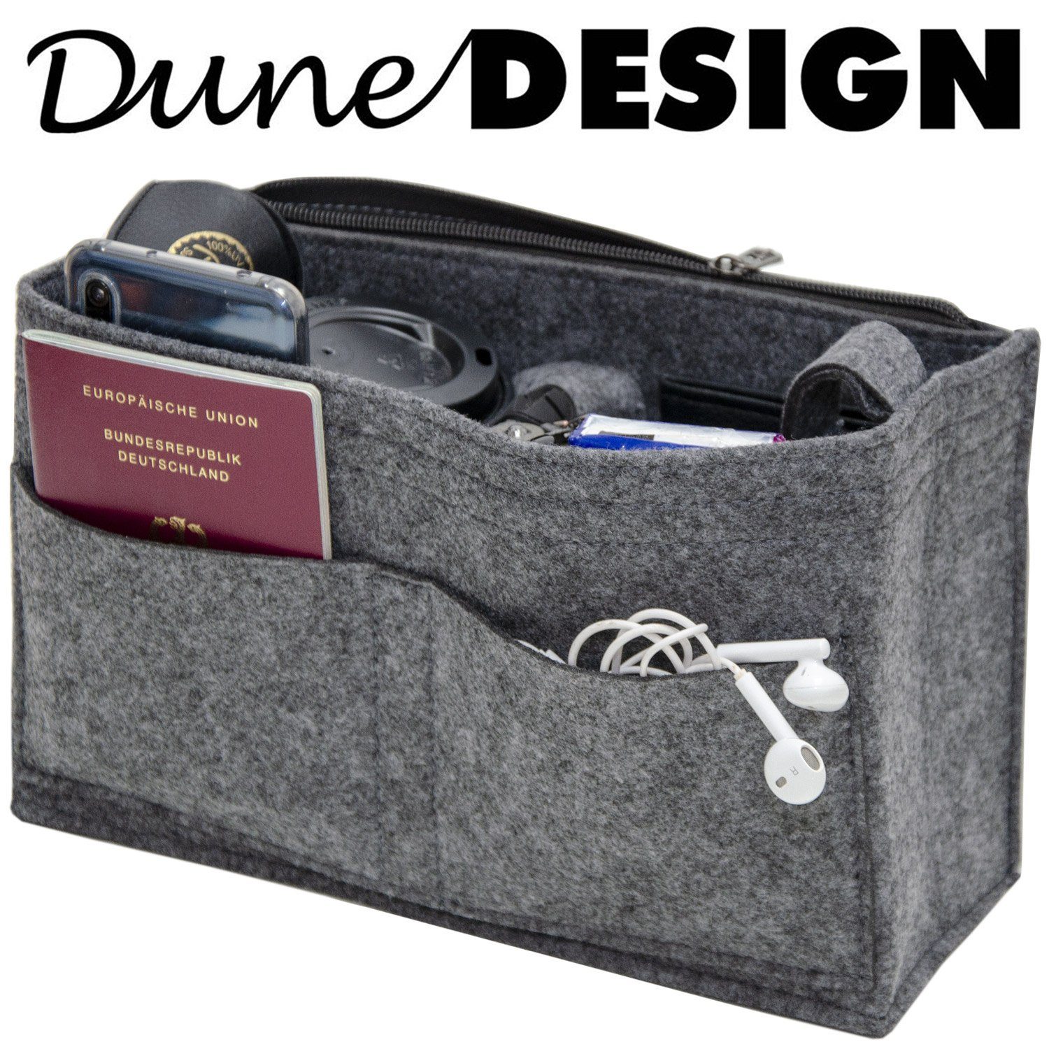 DuneDesign Taschenorganizer M - Filz Handtaschenorganizer mit Fächern für Handtasche und Rucksack, 27 x 10 x 16 cm Taschen Organizer - Innentasche für Damen Handtaschen