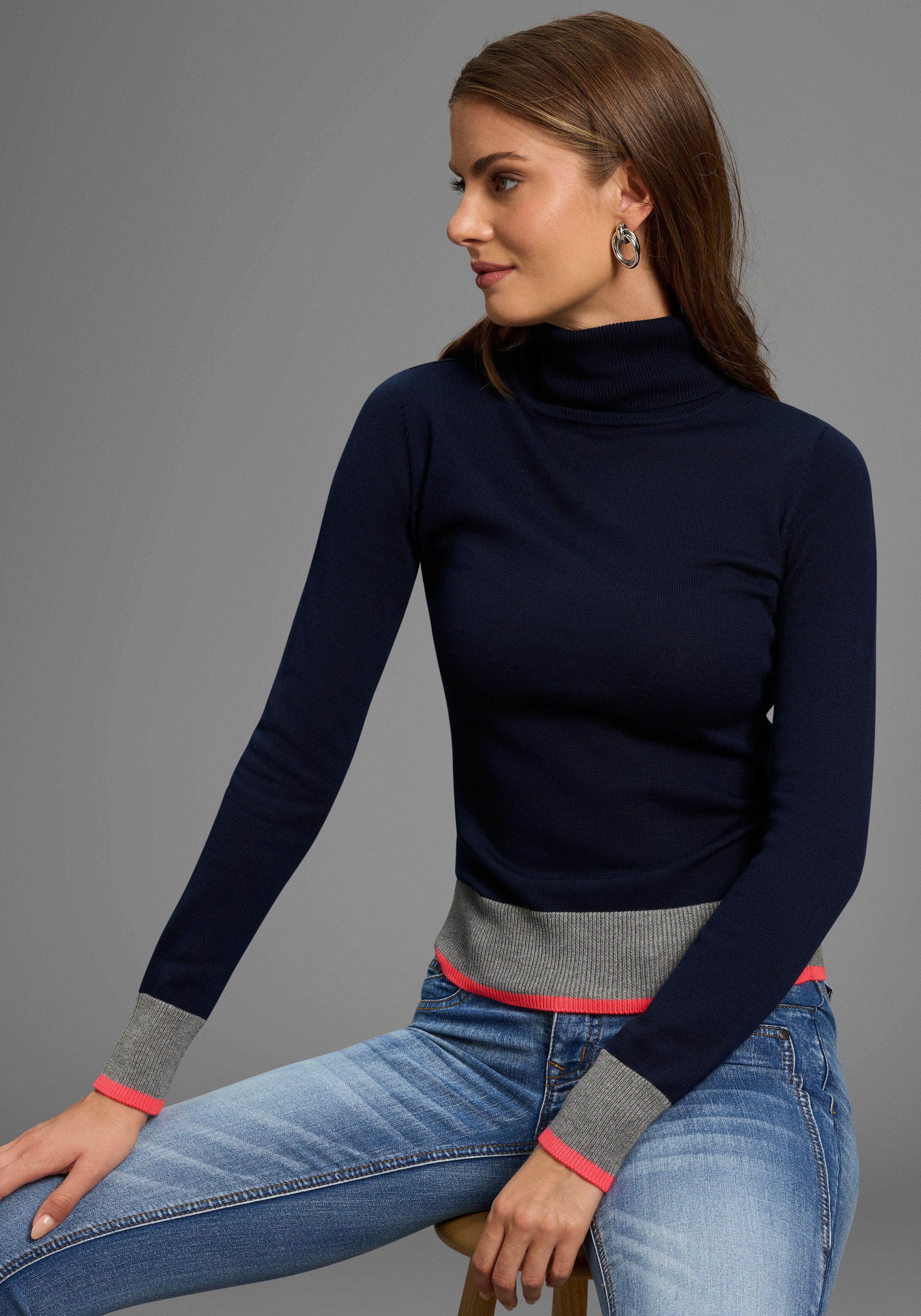 AJC Rollkragenpullover mit Farbkontrasten günstig online kaufen