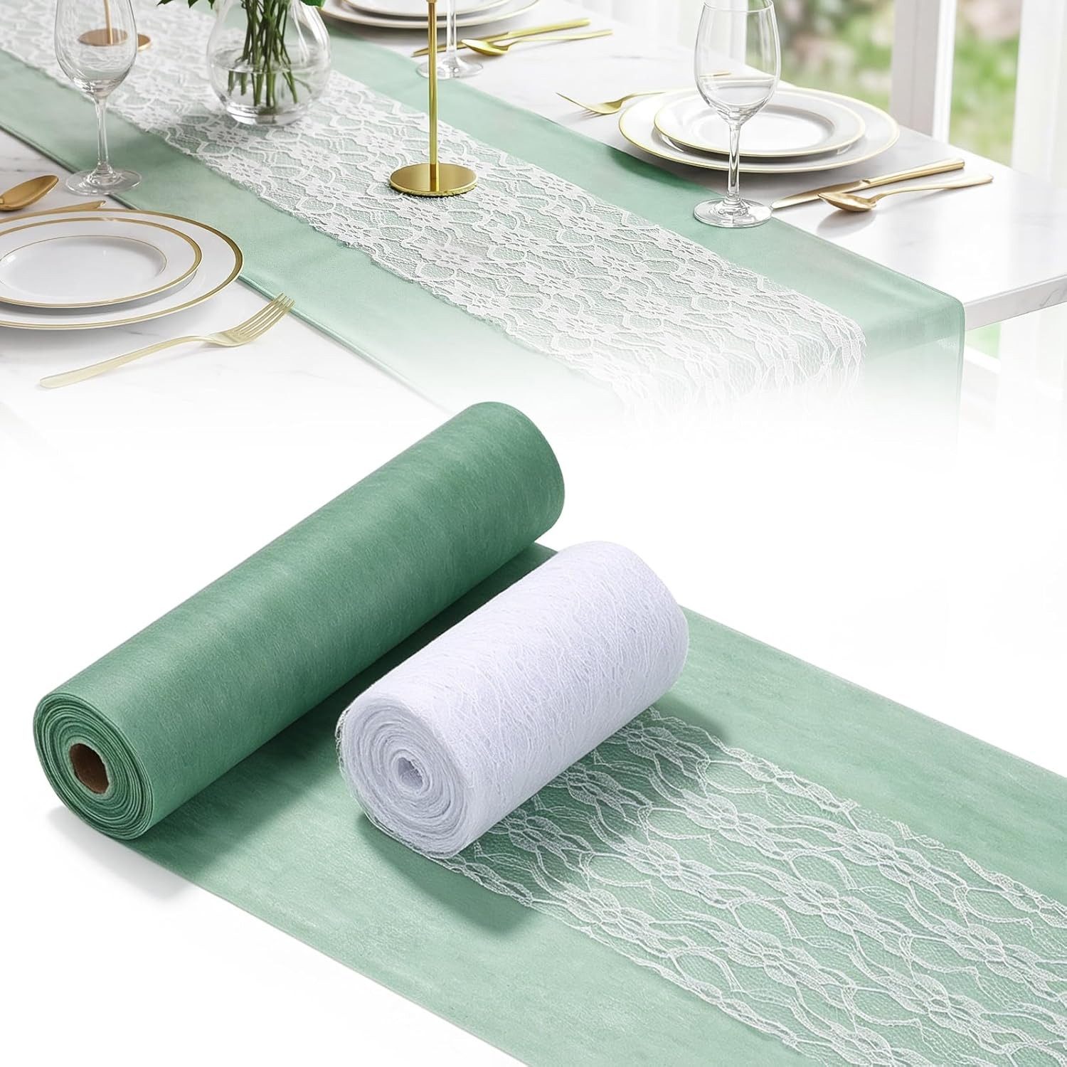 FELIXLEO Tischläufer Tischdeko Set Eukalyptus Grün Tischläufer Spitzenband Hochzeit DIY (1-tlg)