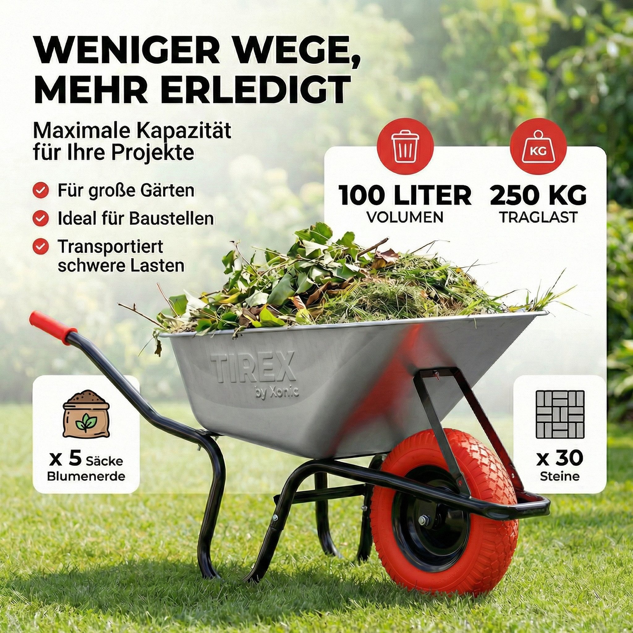 Xonic Schubkarre TIREX by xonic® Schubkarre – Verzinkte Wanne bis 250kg Rot Schwarz – Bild 4 von 5