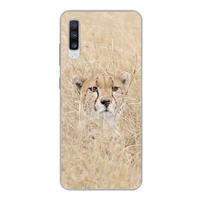 MuchoWow Handyhülle Versteckter Gepard im hohen Gras Phone Case Handyhülle Samsung Galaxy A70 Silikon Schutzhülle