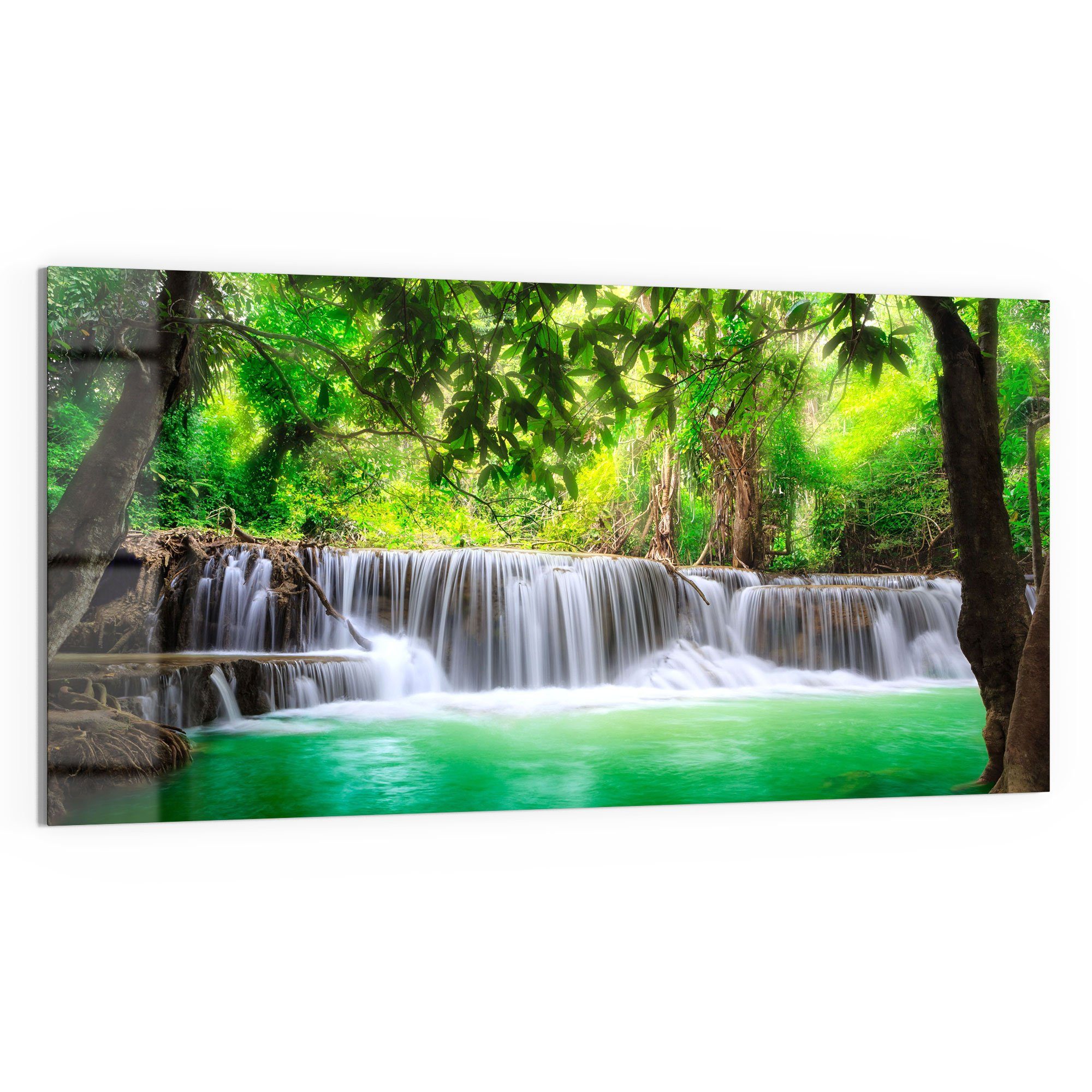 DEQORI Glasbild 'Wasserfall im Regenwald', 'Wasserfall im Regenwald', Glas Wandbild Bild schwebend modern