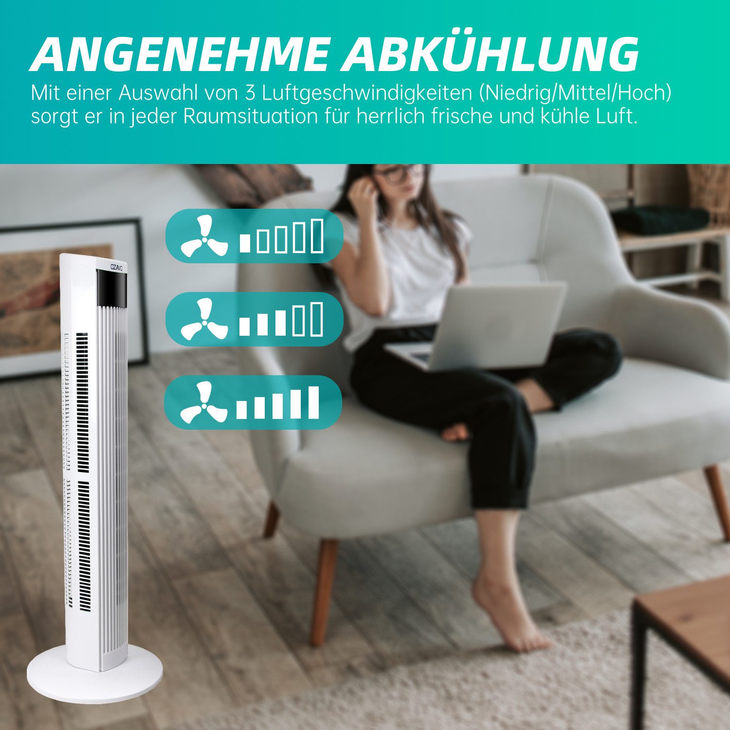 OZAVO Turmventilator OZ1618 Ventilator leise 70° Oszillation,3 Modi,95,5cm, 12h Timer, Standventilator mit Fernbedienung,3 Geschwindigkeiten