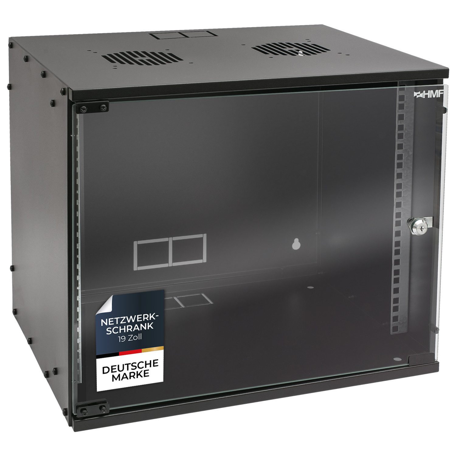 HMF Serverschrank Netzwerkschrank, Serverschrank 19 Zoll, 9 HE, 400 mm Tiefe, Glastür, Schwarz