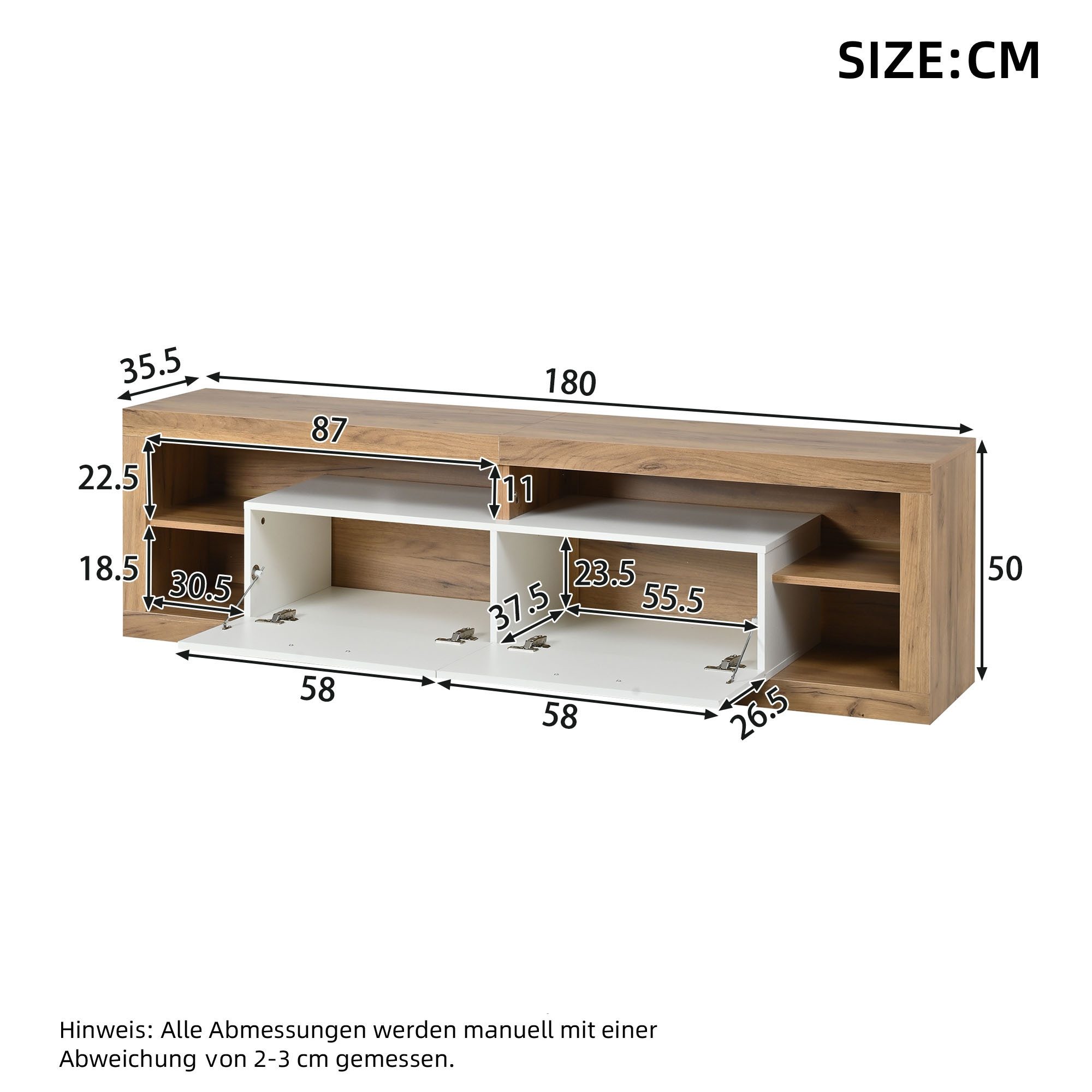 Celya TV-Schrank 180x35.5x50cm mit App-gesteuerter LED (mit offene Fächer, aus Spanplatte, bis 30kg belastbar) Geeignet für 75-Zoll-Fernseher