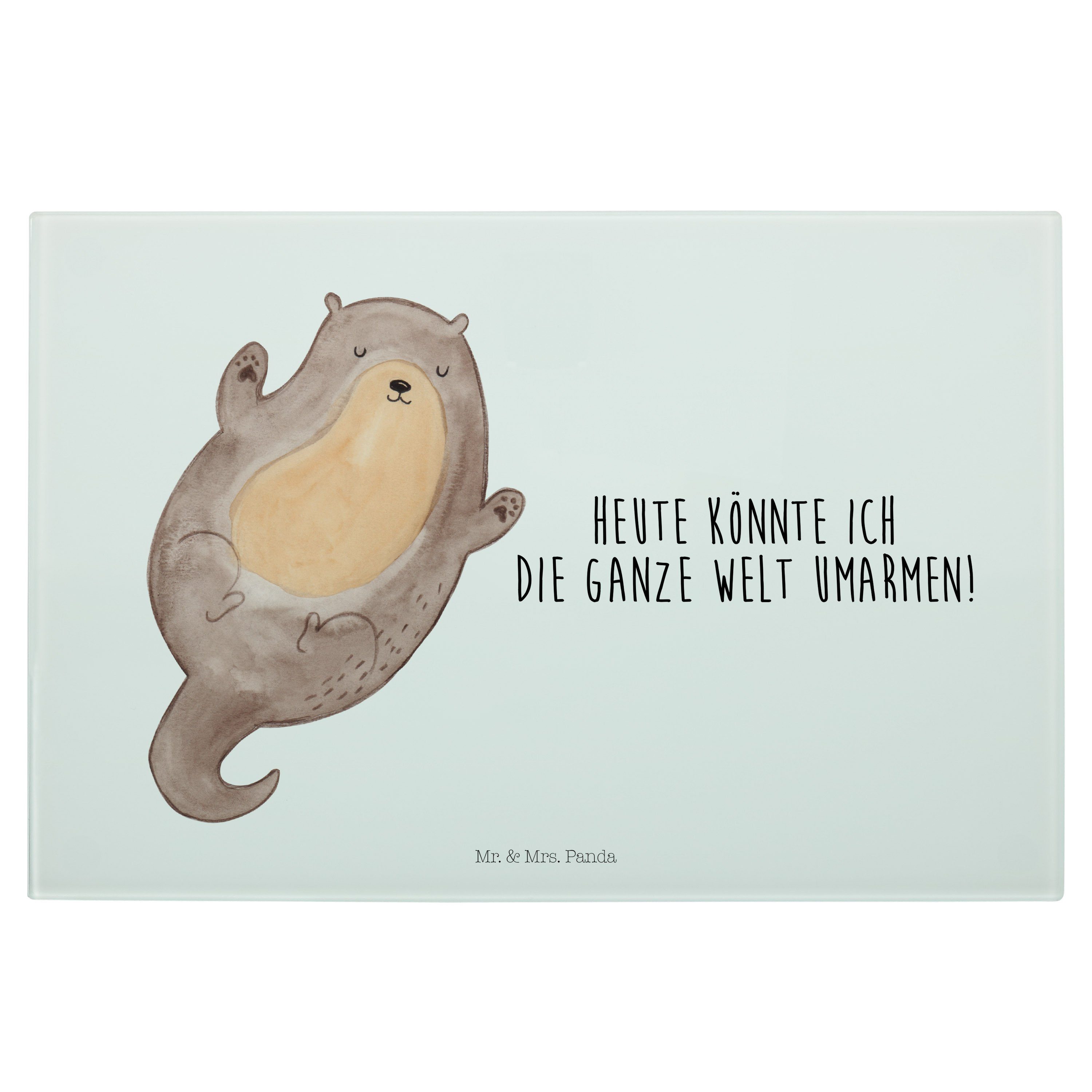 Mr. & Mrs. Panda Servierbrett Otter Umarmen - Weiß - Geschenk, Schneidebrett, glücklich, Fischotte, Premium Glas, (1-St)