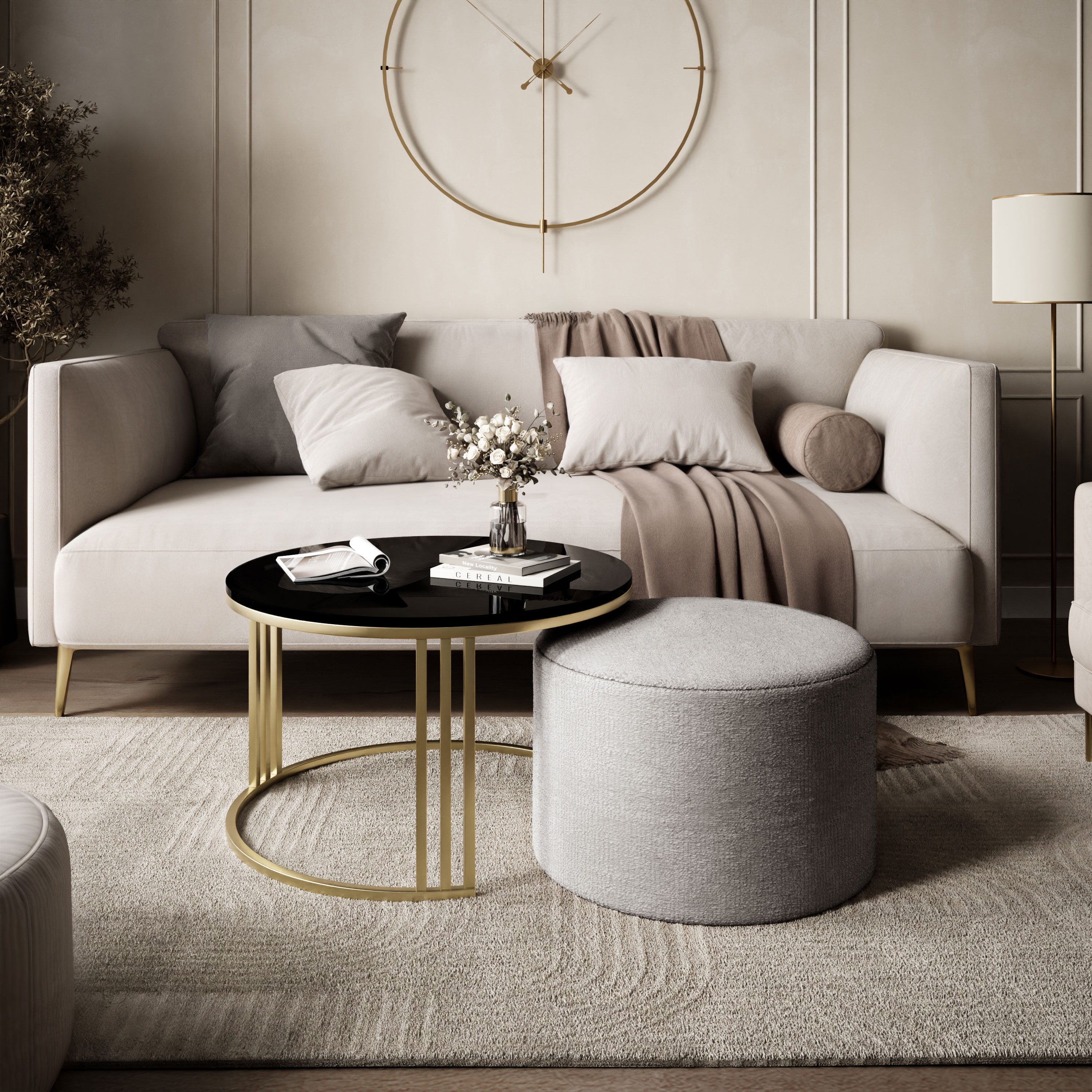 Lookway Couchtisch LORI HOCHGLANZ mit Hocker auf einem gebürsteten goldenen Gestell (1 Tisch mit Hocker), Durchmesser: ⌀70 cm