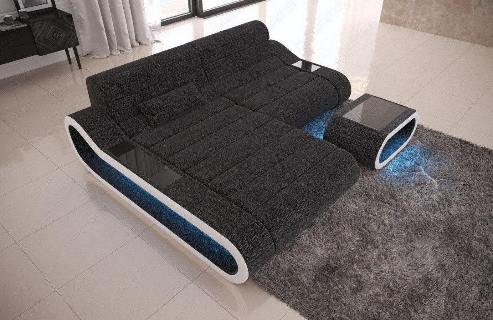 Sofa Dreams Ecksofa Concept L Form kurz 4-Sitzer Polstersofa mit LED-Beleuchtung, Strukturstoff Bezug, Schwarzgrau-Weiß, Ottomane links