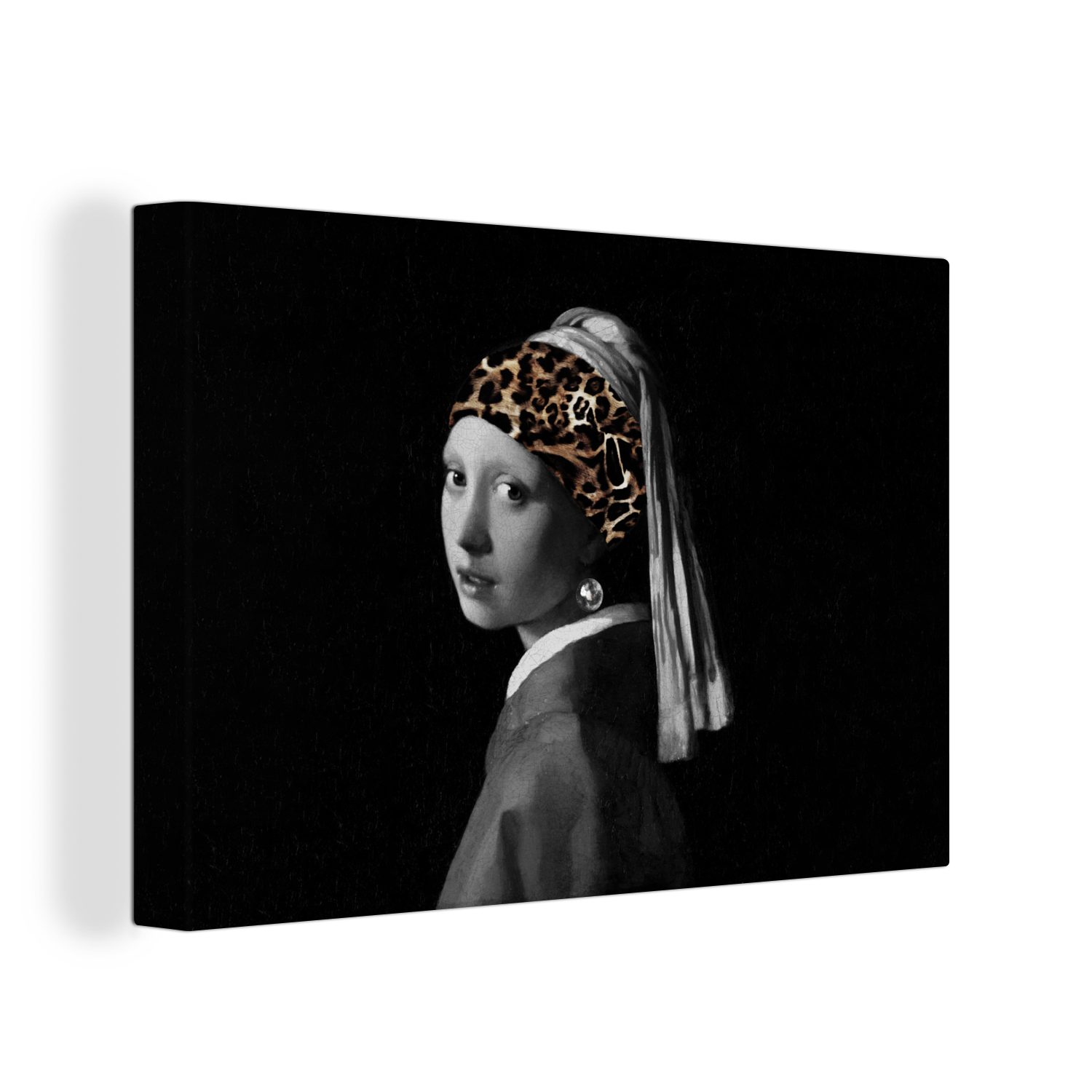 OneMillionCanvasses® Gemälde Girl with a Pearl Earring - Stirnband - Pantherdruck, (1 St), Wandbild Leinwandbilder, Aufhängefertig, Wanddeko, 30x20 cm