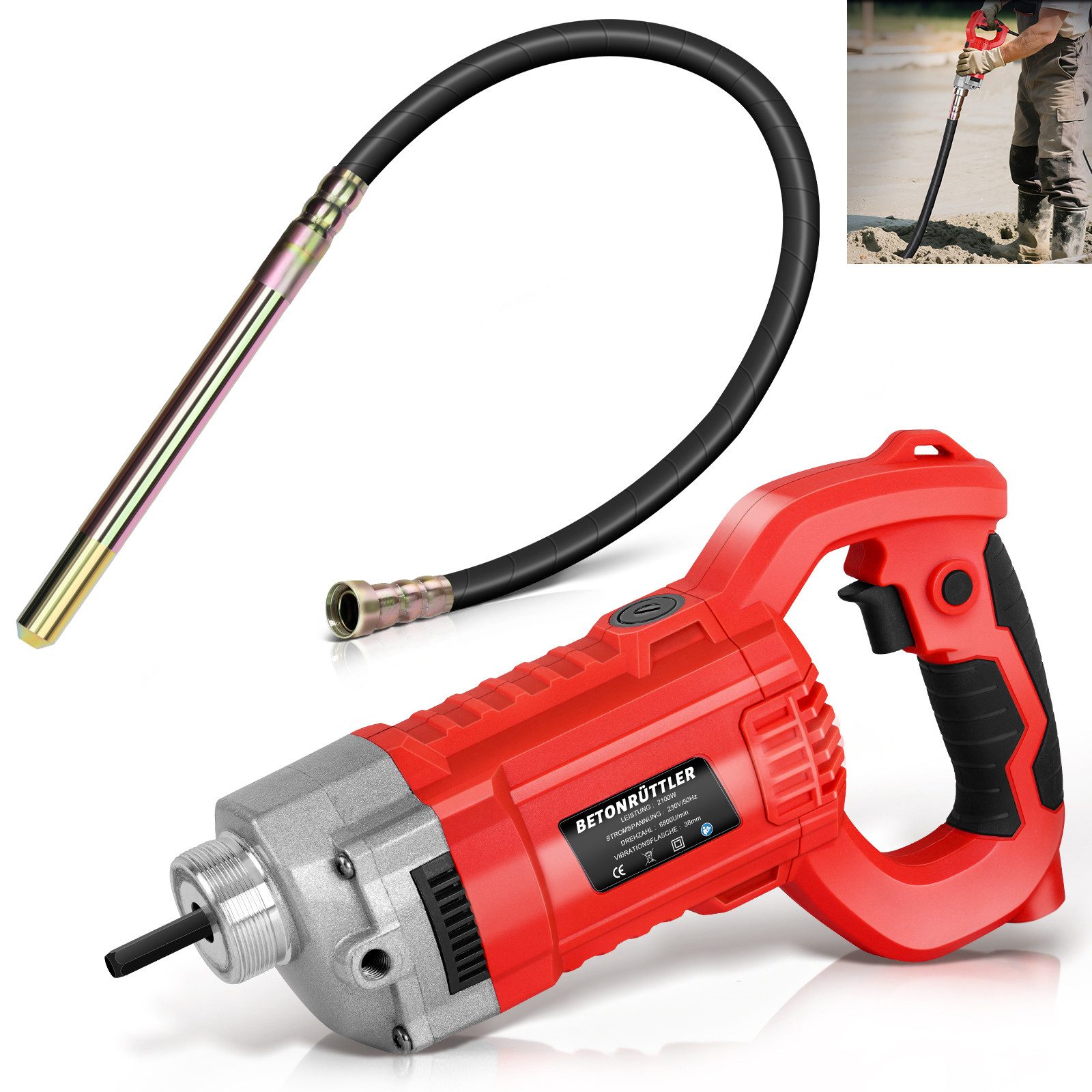 XERSEK Innenrüttler Betonrüttler 2100W, Elektro Betonverdichter L1.5-2m Ø38mm Rüttelkopf, (6800 U/min Beton-Handrüttler Mit Selbstsperrschalter Bereich max.45cm), Verdichtet den Beton für Straßenbau, Gartenmauern Hausbau