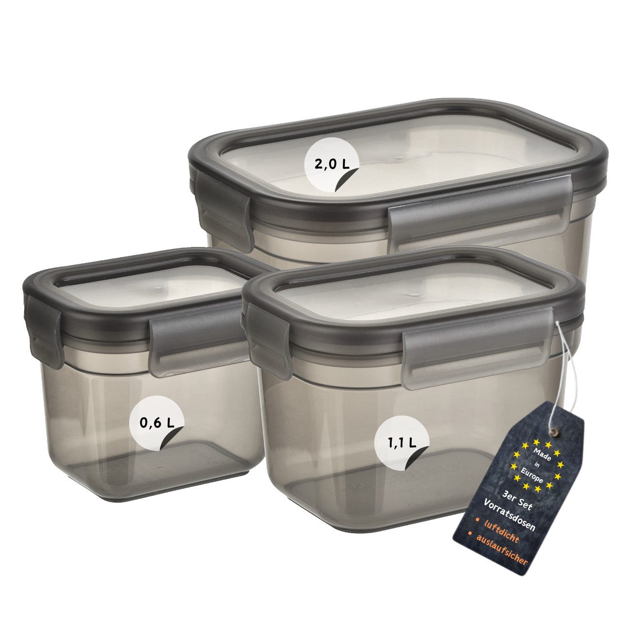 Engelland Frischhaltedose 3er Set Aufbewahrungsdosen mit Deckel, Vorratsdose, Frischhaltedose, Kunststoff/Silikon, (Vorteils-Set, 3-tlg., 0,6 L / 1,1 L / 2,0 L), luftdicht, auslaufsicher, stapelbar, BPA-frei, verschiedene Größen