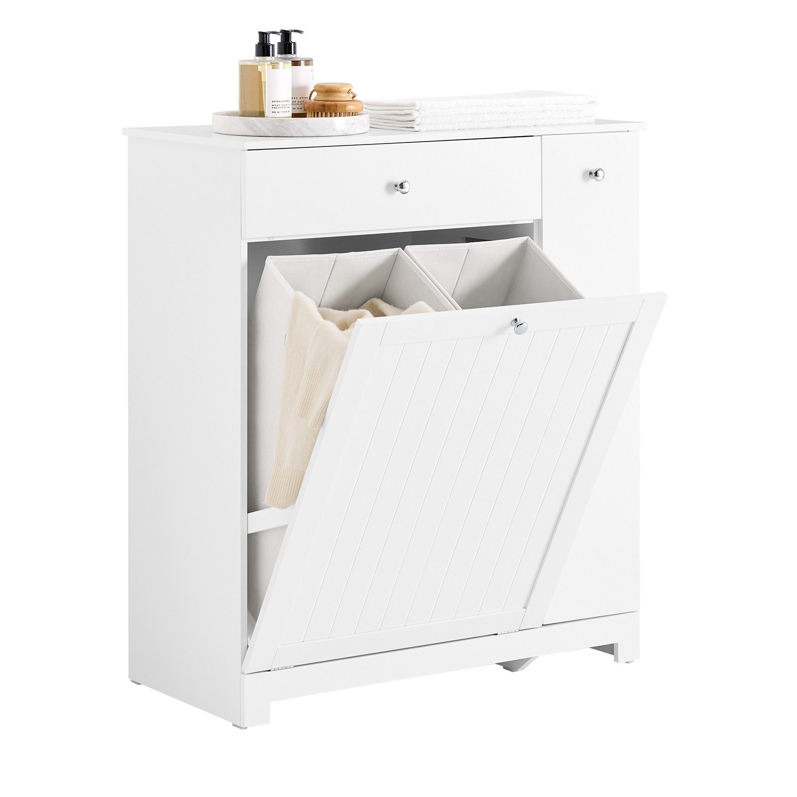 SoBuy Badkommode BZR214, Badschrank Wäscheschrank mit 2 Wäschekörben, Badezimmerschrank, Badmöbel mit Schublade, Wäschekörben, Ausziehfach, Hochschrank schmal