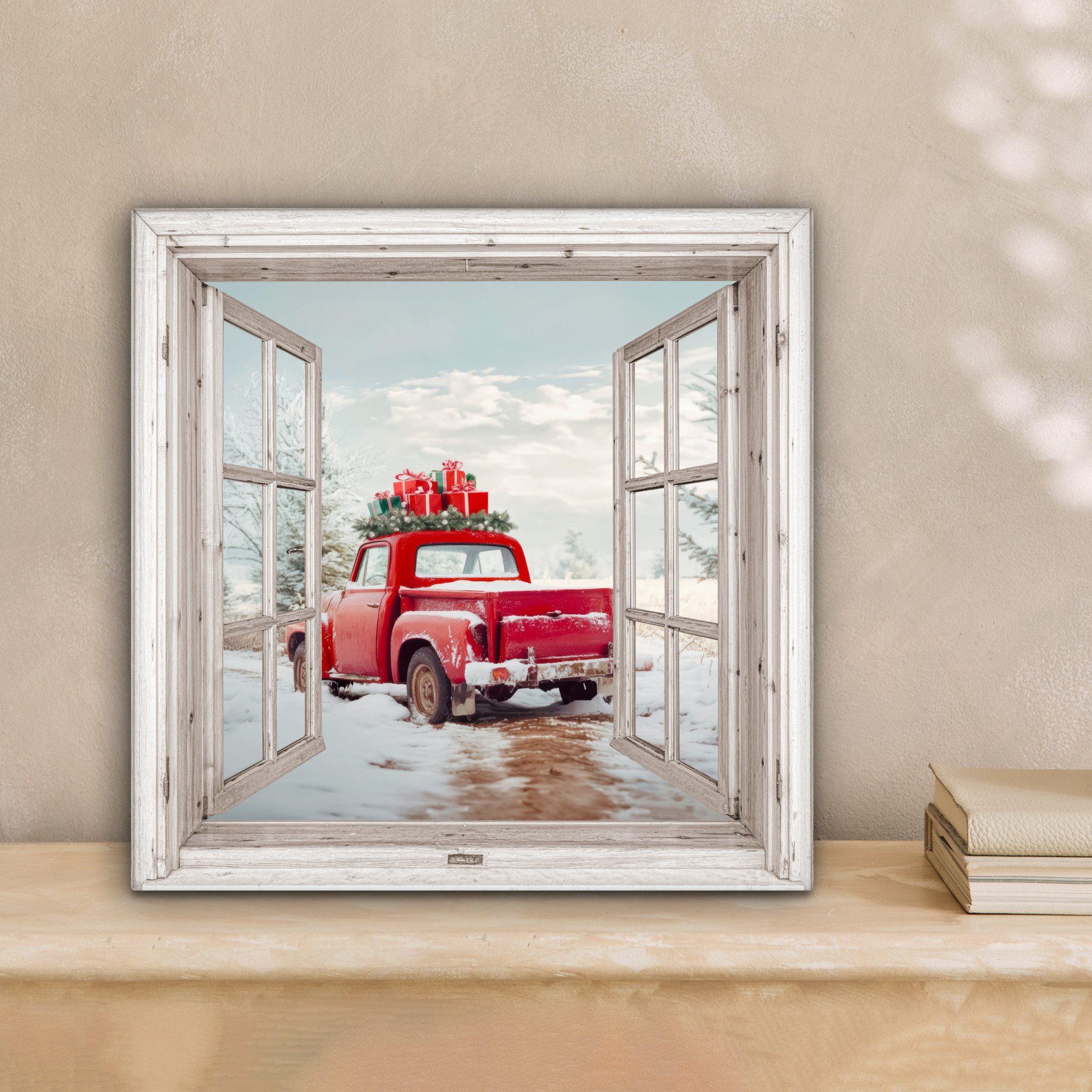 OneMillionCanvasses® Leinwandbild Auto - Rot - Winter - Weihnachten - Fenster, Fotodruck (1 St), Wandbild, Deko Schlafzimmer Wohnzimmer Flur 20x20 cm