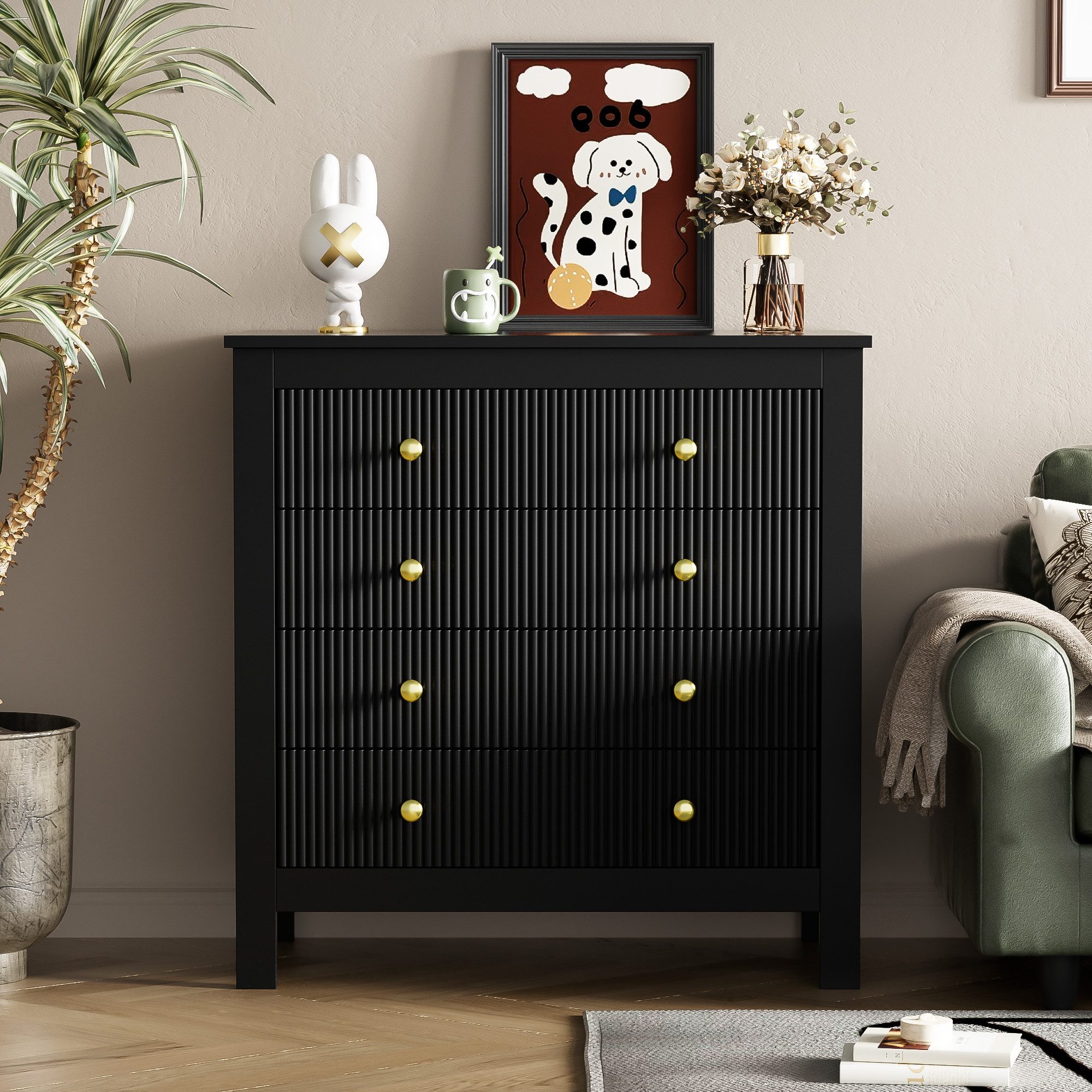 Merax Kommode mit fünf Schubladen und goldenen Metallgriffe, Schubkastenkommode,Sideboard,Wohnzimmerschrank