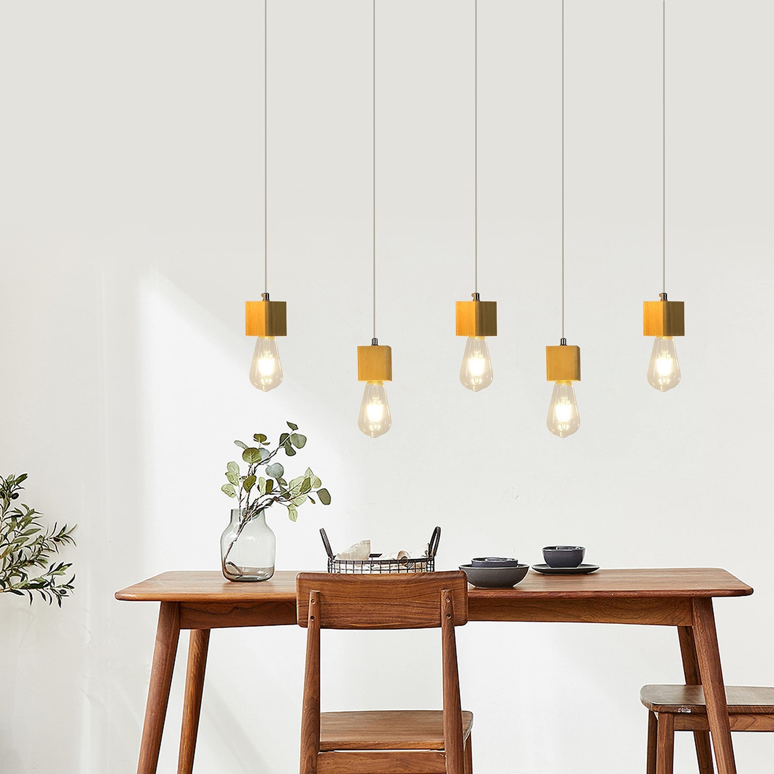 ZMH Pendelleuchte Holz 5 flammig Höhenverstellbar E27 Esszimmer Wohnzimmer, LED wechselbar, Warmweiß – Bild 3 von 5