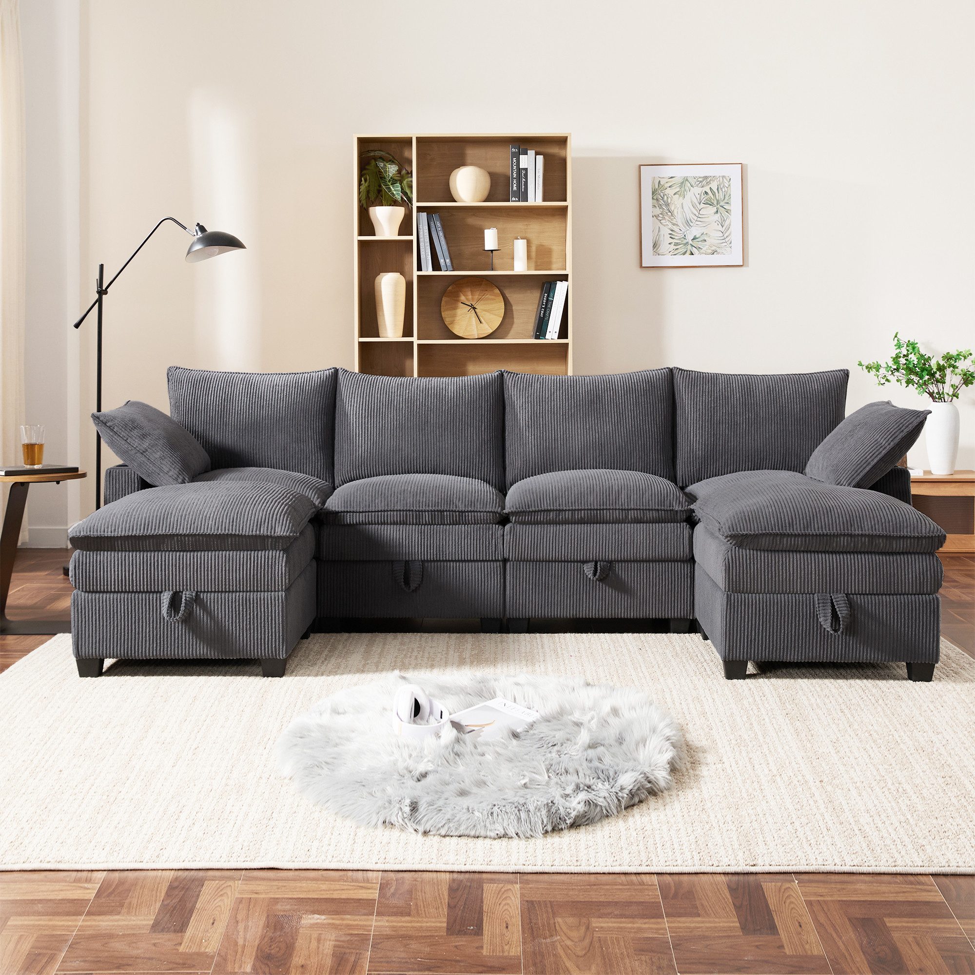 MODFU Ecksofa Modulares 6-Sitzer L-/U-förmig Sofa, Eckcouch, mit abnehmbaren Fußhockern, Armlehnen-Taschen
