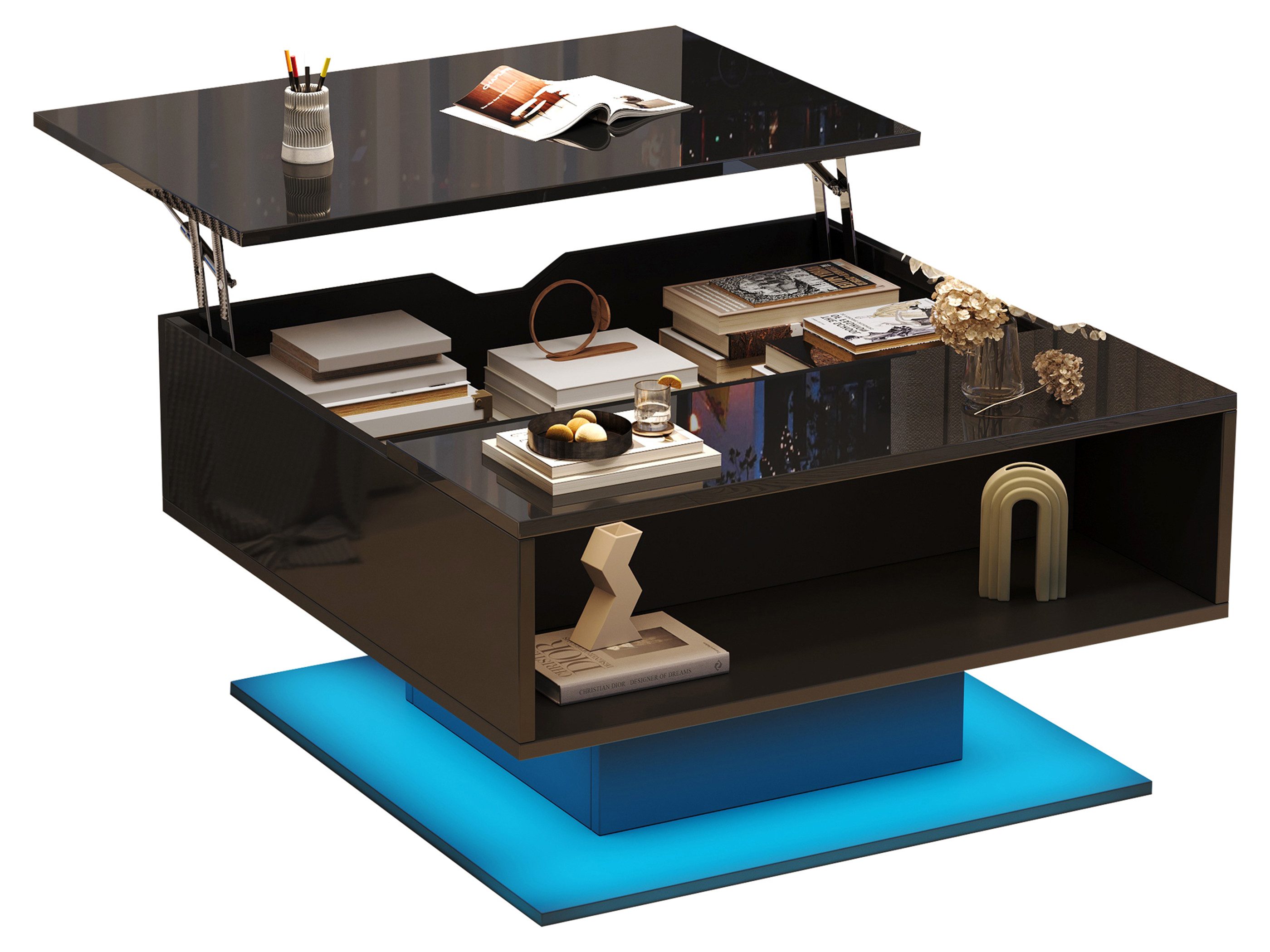 SeedWave Couchtisch Hochglänzender Sofatisch mit Anhebbarer Tischplatte, LED-Beleuchtung, verstecktes / Halboffenes Fach, Säulenbasis