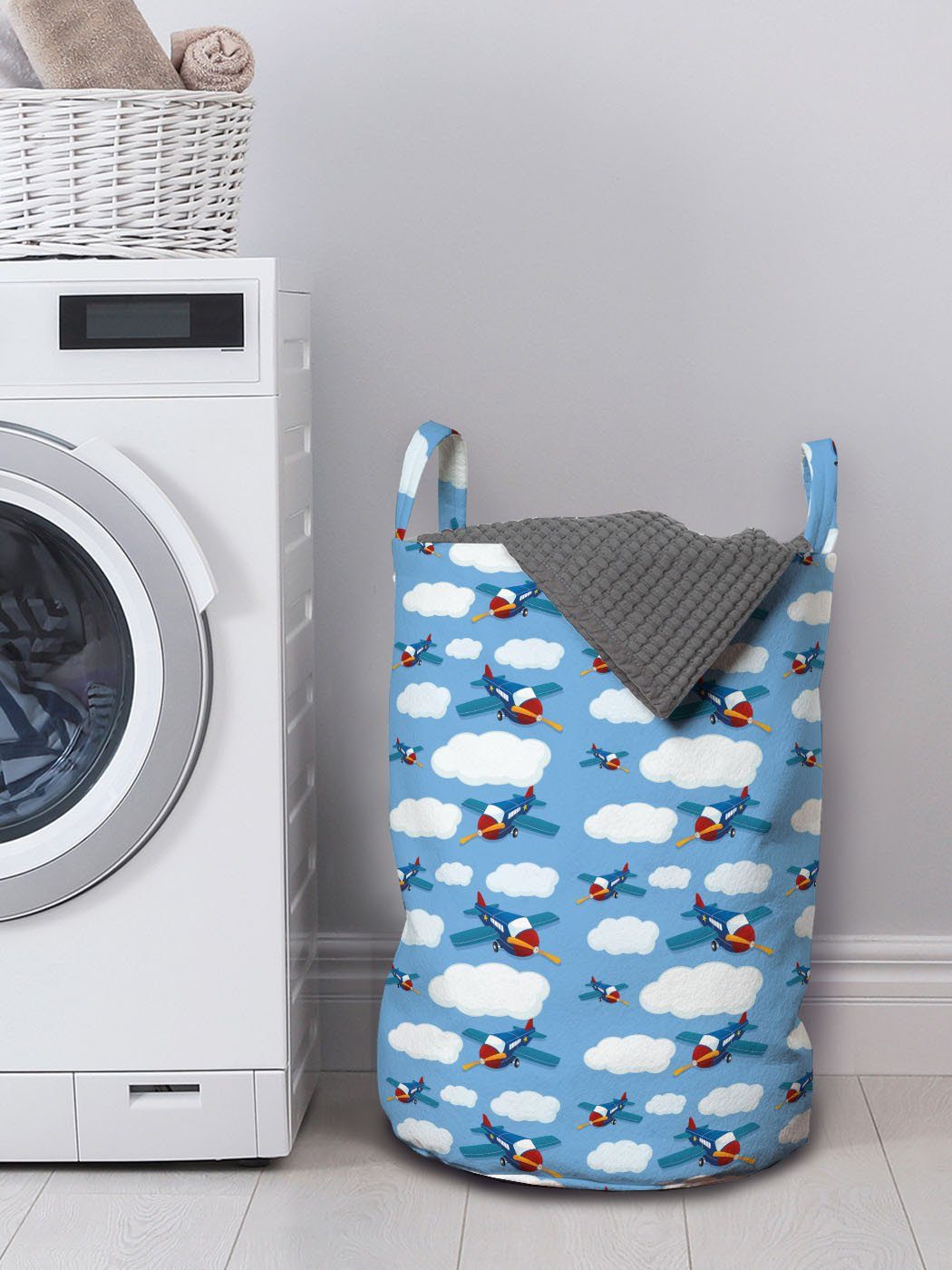 Abakuhaus Wäschesäckchen Waschsalons, Himmel Wäschekorb Flugzeuge Kordelzugverschluss Griffen mit Blauer Cartoon-Layout für