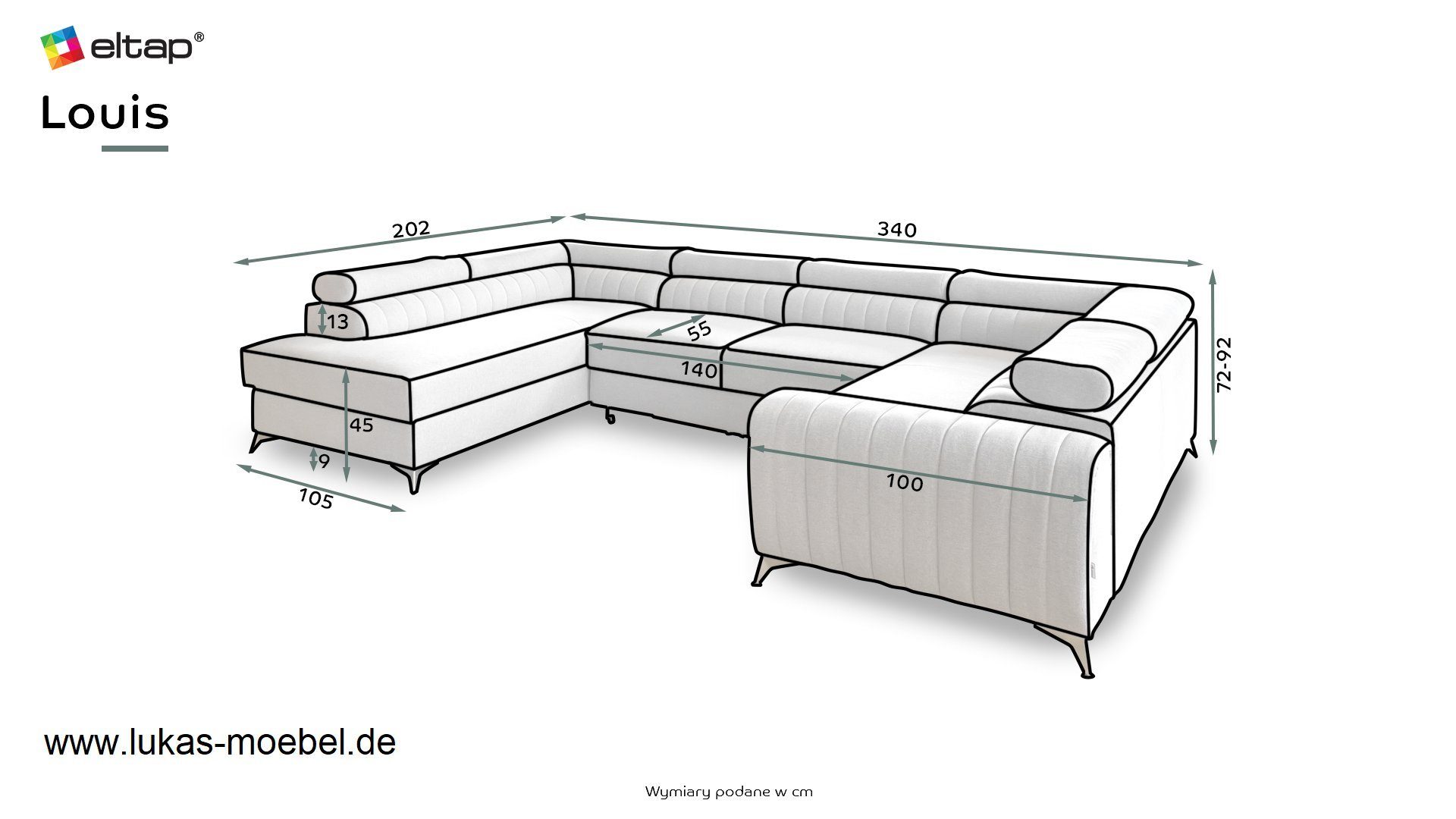 Bettkasten Linus U-Form, mit Möbel Schlaffunktion XXL-Sofa Wohnlandschaft mit Eigener Bettkasten Wohnlandschaft mit Lukas in Bettfunktion, Farbwunsch mit verstellbaren Kopfstützen,