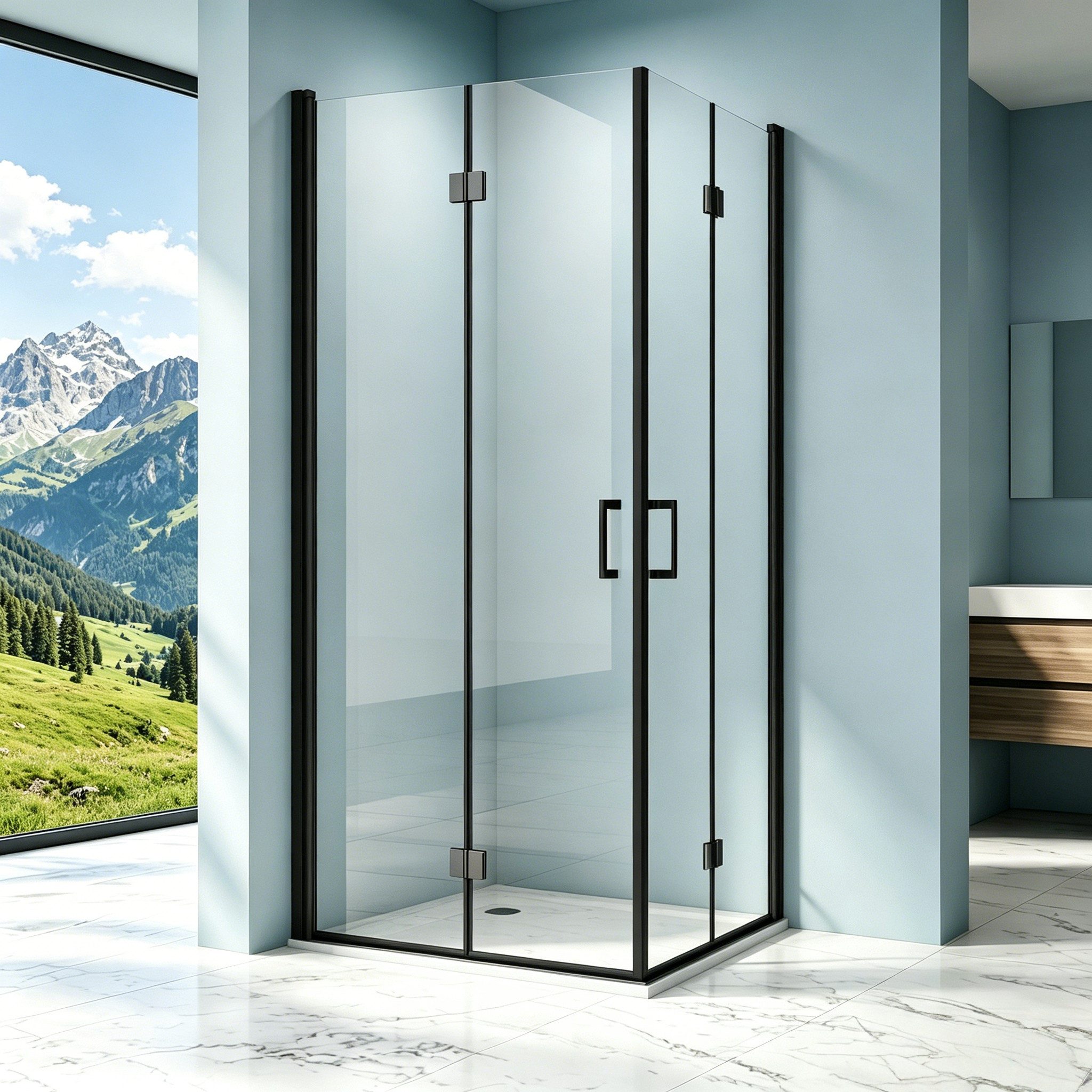 Boromal Eckdusche falttür Duschkabine 90x90 100x100 80 x 80 120x120 100x120cm, BxT: 70x70 cm, 5mm NANO Glas, 180º Doppel Falttür Schwarz Chrom, H:195cm, mit Alu-Bodenleiste, Duschdichtungen