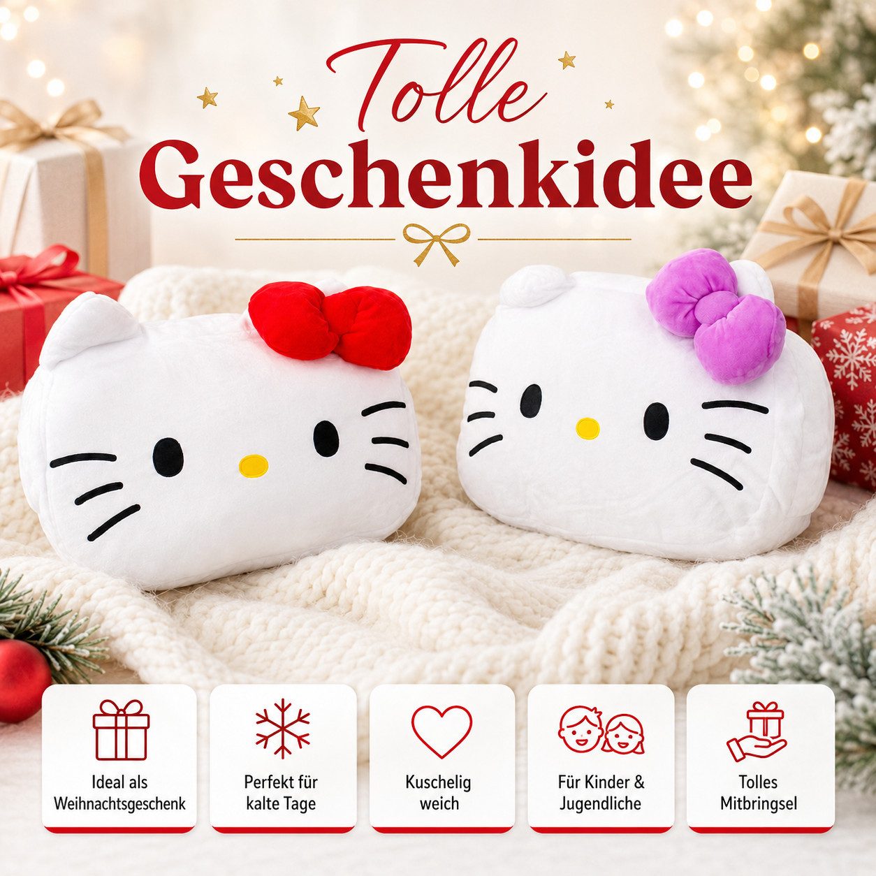 SANRIO Kuscheltier Hello Kitty Handwärmer Cuddle Buddy 22x30cm Artikel nicht wählbar (Set, 1-St., Geschenk-Set), Kuschelig weicher Handwärmer mit Schleife in Rot oder Lila Geschenke