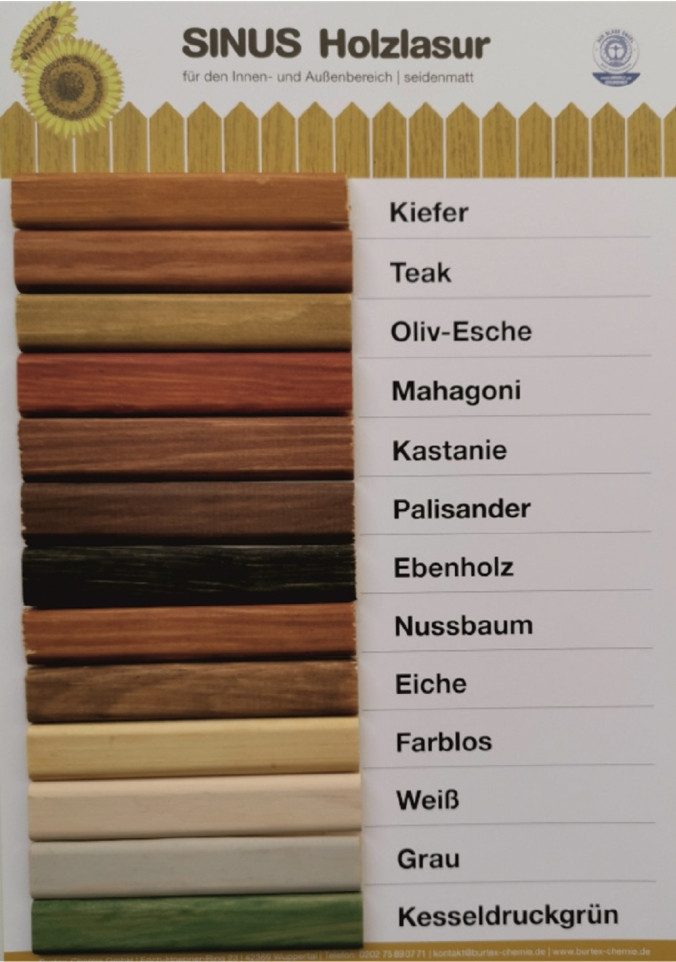 Burtex Holzschutzlasur SINUS Holzschutzlasur Holzlasur UV-Schutz Innen- & Außen in 14 Farben