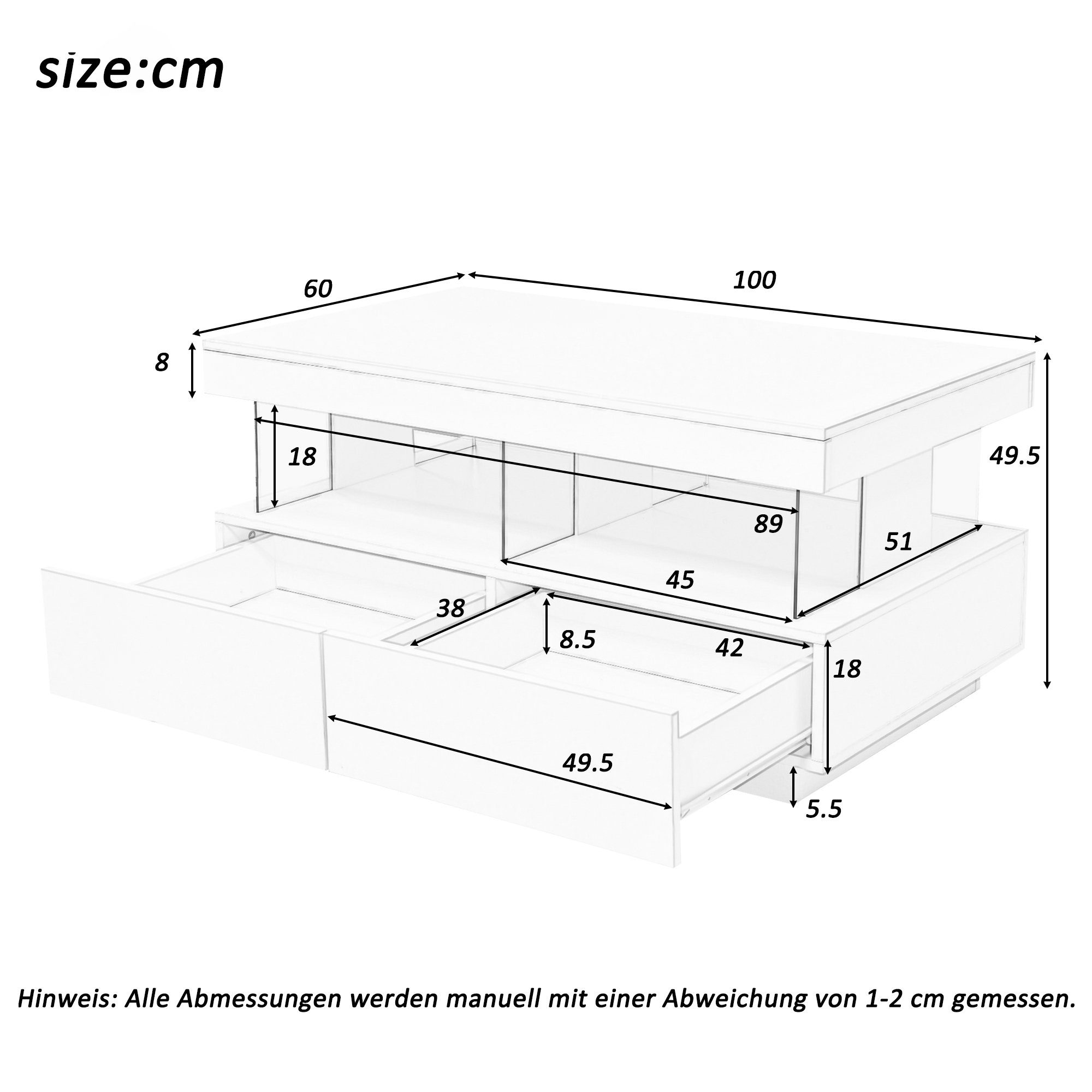 Weiß Hochglanz-Sofatisch glatte Langlebige, Wohnzimmertisch Sofatisch Beistelltisch OKWISH LED-Beleuchtung Tischplatte Teetisch und Tisch (Moderner Couchtisch Kaffeetisch 100*60*49.5cm), Hochglanzoberfläche, kratzfeste