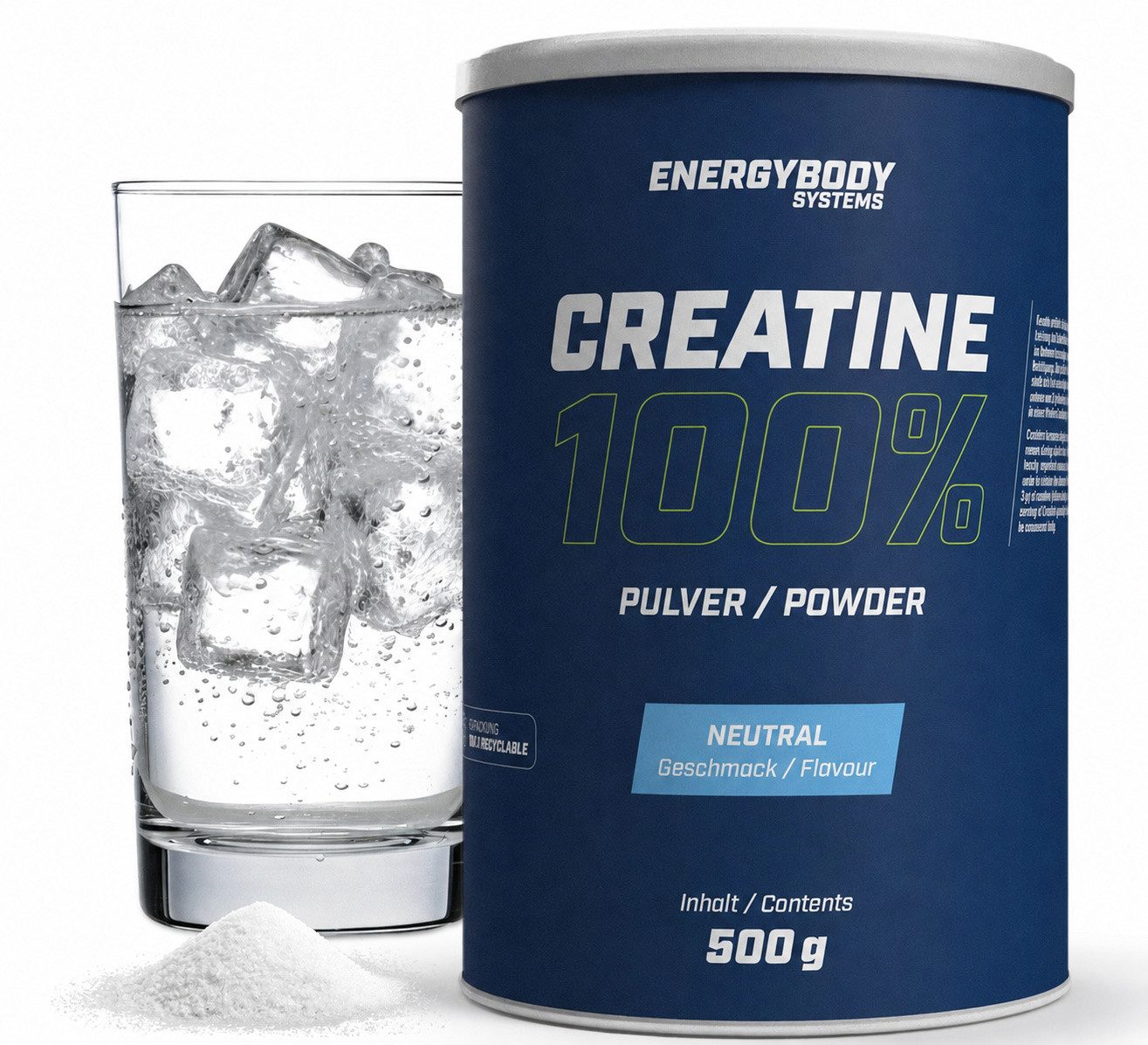 Energybody Systems Creatine 100 %, geschmacksneutral, 100 % Kreatinmonohydrat Pulver, 100 % Kreatinmonohydrat, ohne Zucker, ohne Fett