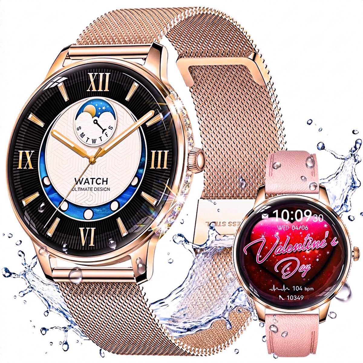 Vashoy Smartwatch Damen,1.19" mit Bluetooth Anrufe,Sprachassistent Smartwatch (38mm cm/1.19 Zoll, Android4.4/IOS1.0) Spar-Set, 4-tlg., Anrufe, Schrittzähler, Puls, Blutdruck, Stress-, Schlafüberwachung, IP68 Wasserdicht – Fitnessuhr Kompatibel mit iOS And