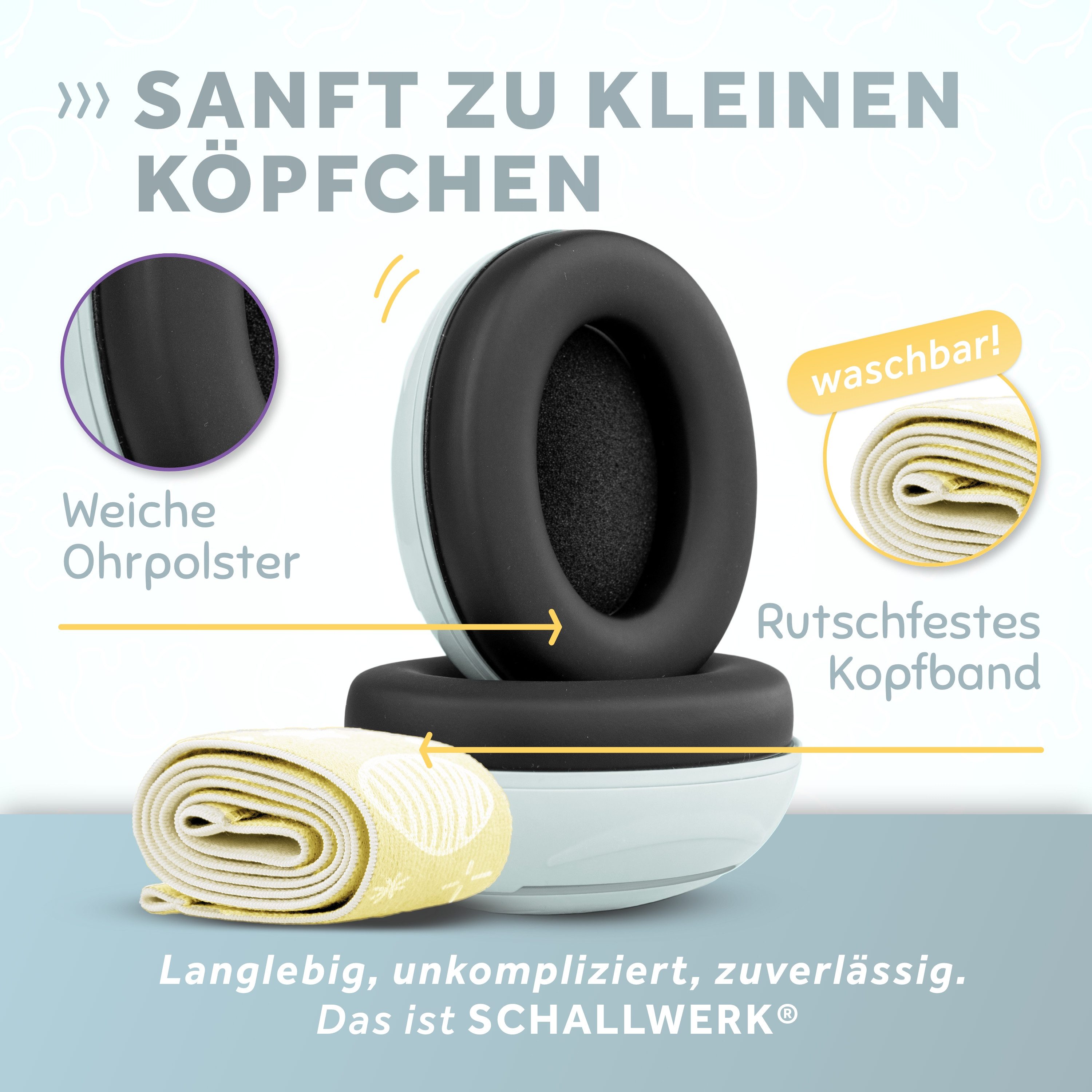 Schallwerk Kapselgehörschutz Mini+ Ohrenschützer für Kleinkinder - Gehörschutz Baby, (Kopfhörer Babys & Kleinkinder, Ohrenschutz für Babys mit verstellbaren Band), bis zu 52cm Kopfumfang