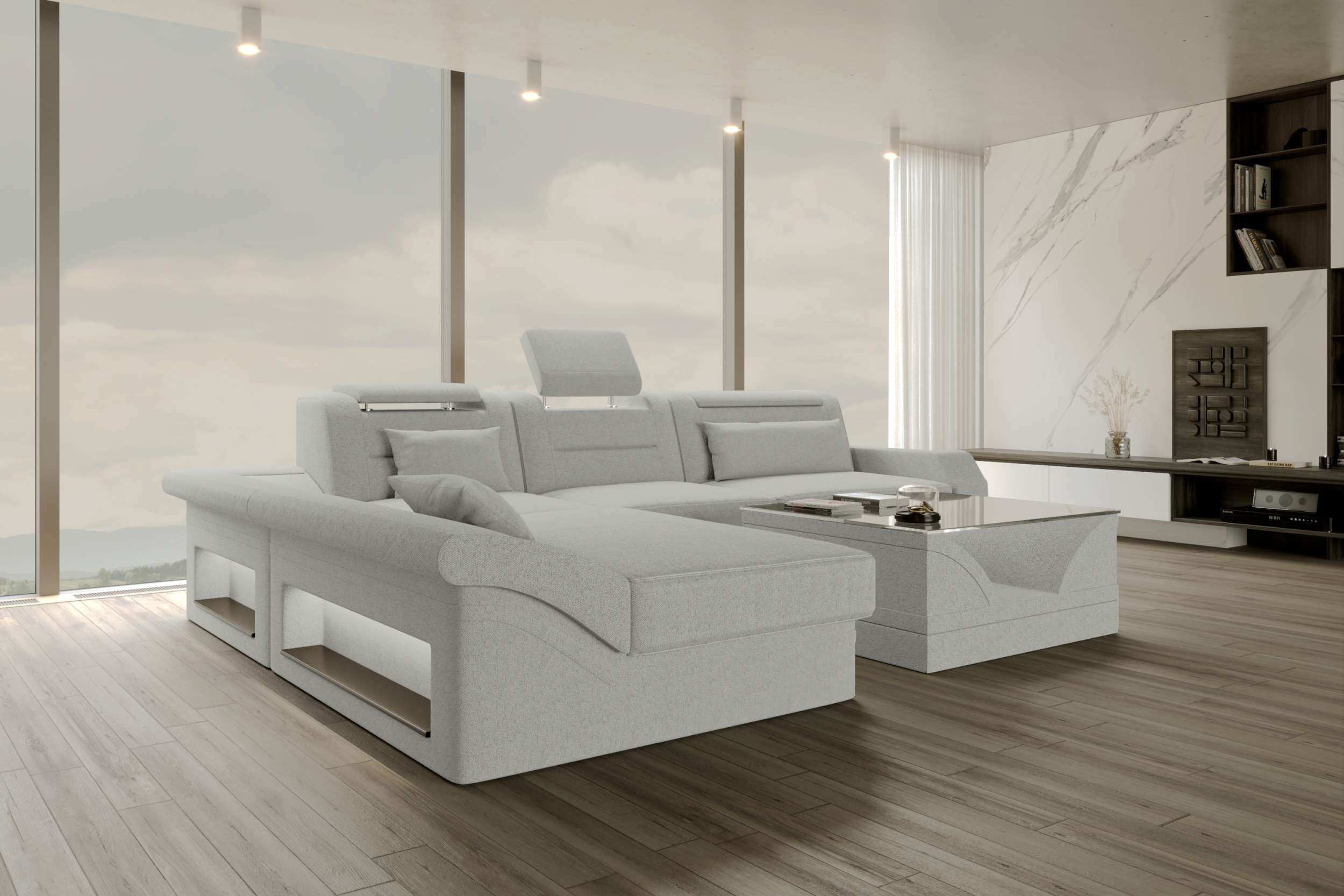Sofa Dreams Ecksofa Ecksofa Monza L-Form in Stoff, Ecksofa, L-Form, Zeitloser Look in L-Form, 1 Zierkisse inklusive, LED