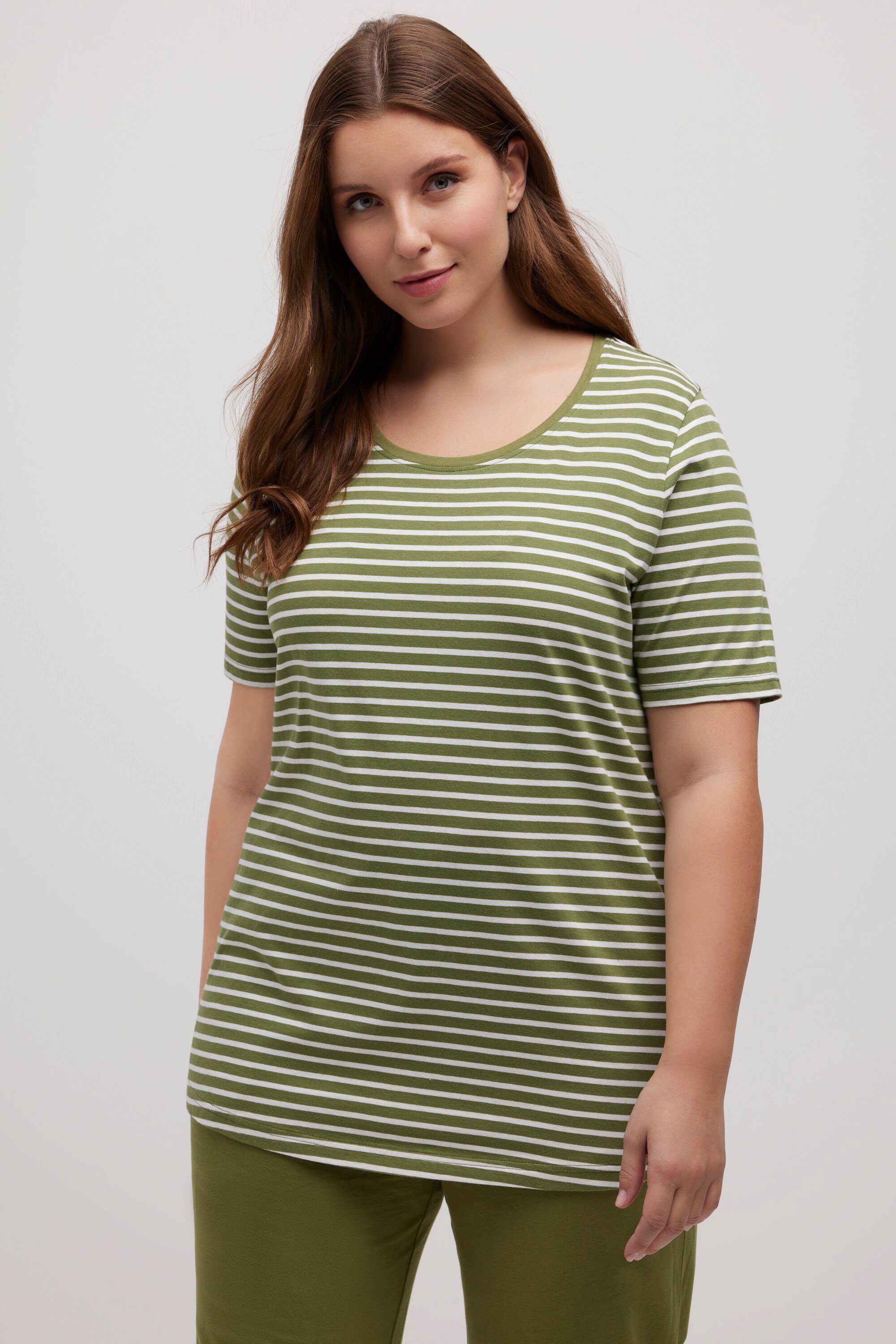 Ulla Popken Pyjamaoberteil Pyjamashirt Ringel Rundhals günstig online kaufen