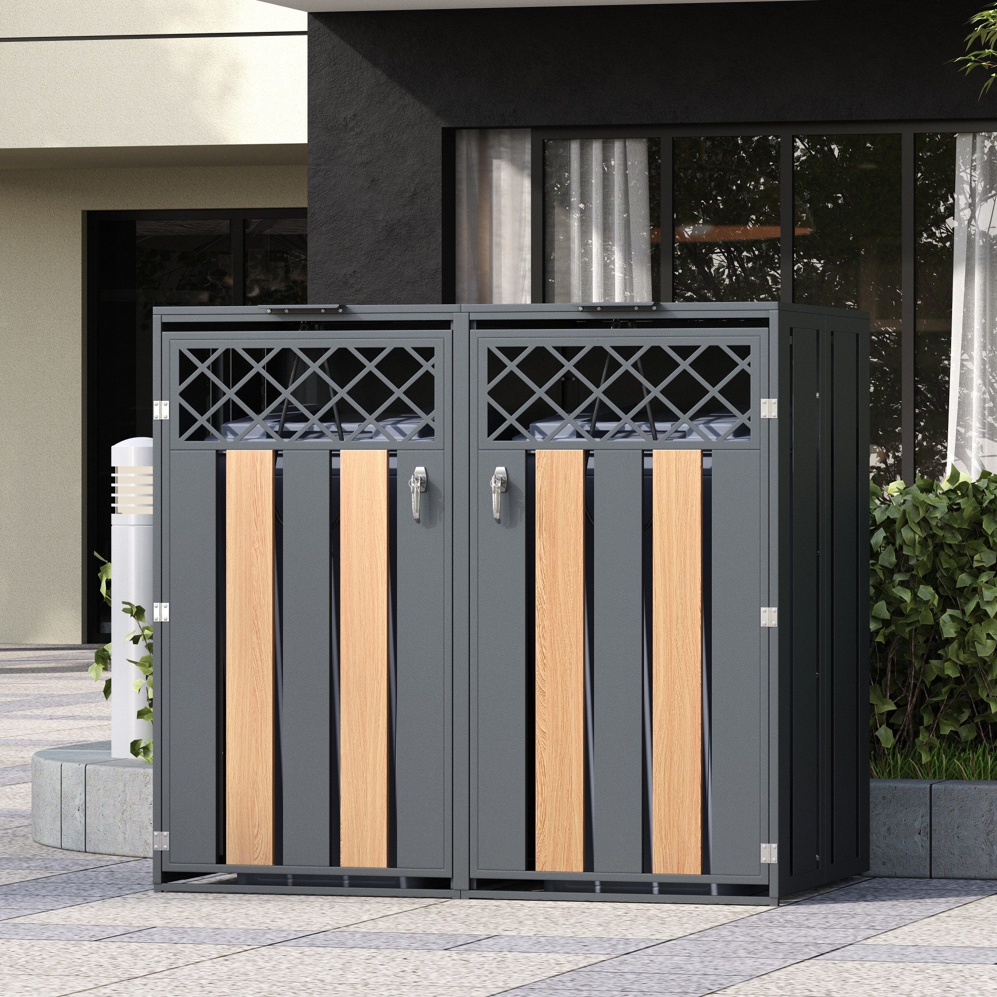 CHICFURN Mülltonnenbox mit Klappdeckel & Rauten-Lüftung (Set, 2 St., Praktische Aufbewahrung für draußen), Zwei Türen abschließbar, Staufächer