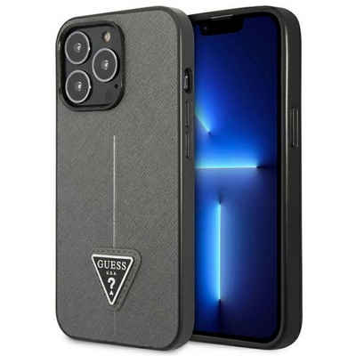 Guess Handyhülle Case iPhone 14 Pro silber schwarz Logo Metall Triangle 6,1 Zoll, Kantenschutz