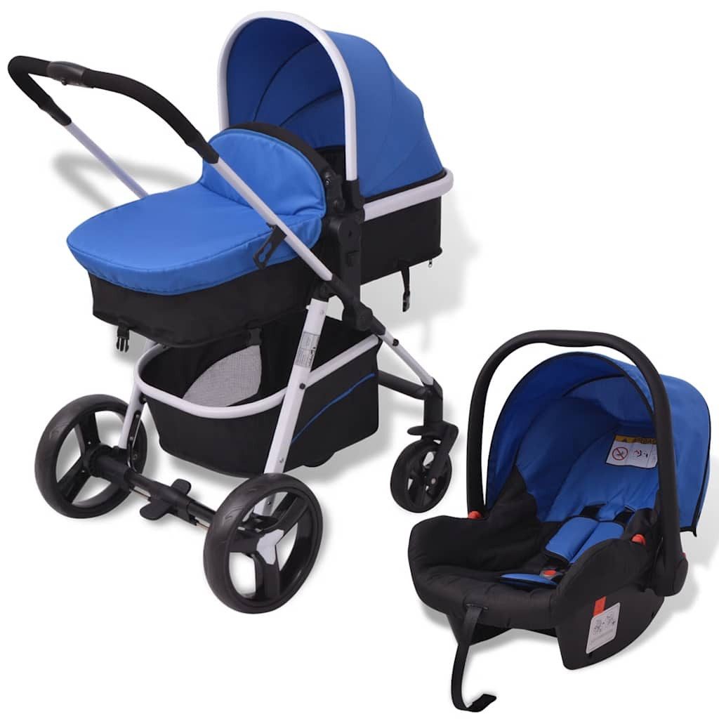 Kinder-Buggy 3-in-1 Kinderwagen Aluminium Blau und Schwarz