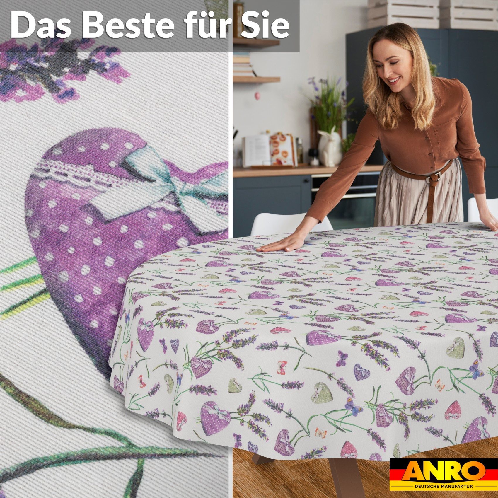 ANRO Tischdecke Wachstuch 3.0 abwaschbar Lavanda Herz Tischwäsche (Einzelstück 1-tlg), wasserabweisend PU-Beschichtet Ruhig Lila Oval 160x140cm