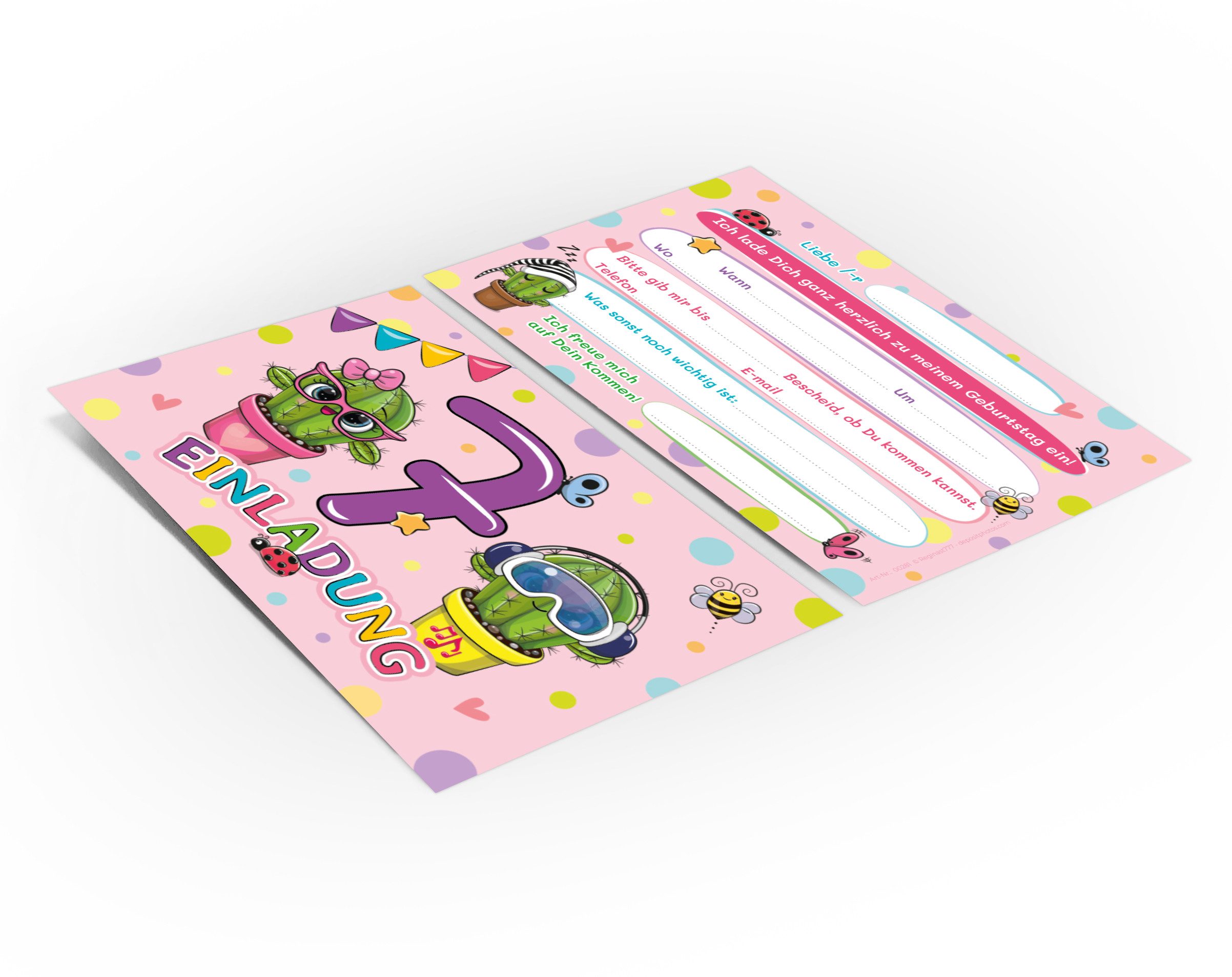 JUNAPACK Einladungskarten Kaktus Einladungen zum 7. Kindergeburtstag Blumen Karten Mädchen, Einladungskarten mit einem Kaktus Motiv für Kinder