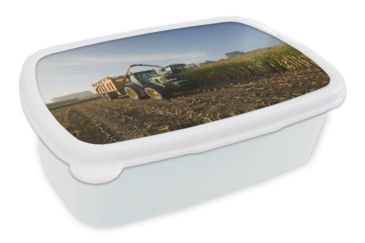 Kunststoff, Mädchen und Traktor - - Landleben, und für für weiß - (2-tlg), Kinder Brotbox - Jungs Anhänger Lunchbox Erwachsene, MuchoWow Brotdose, Grün Mais