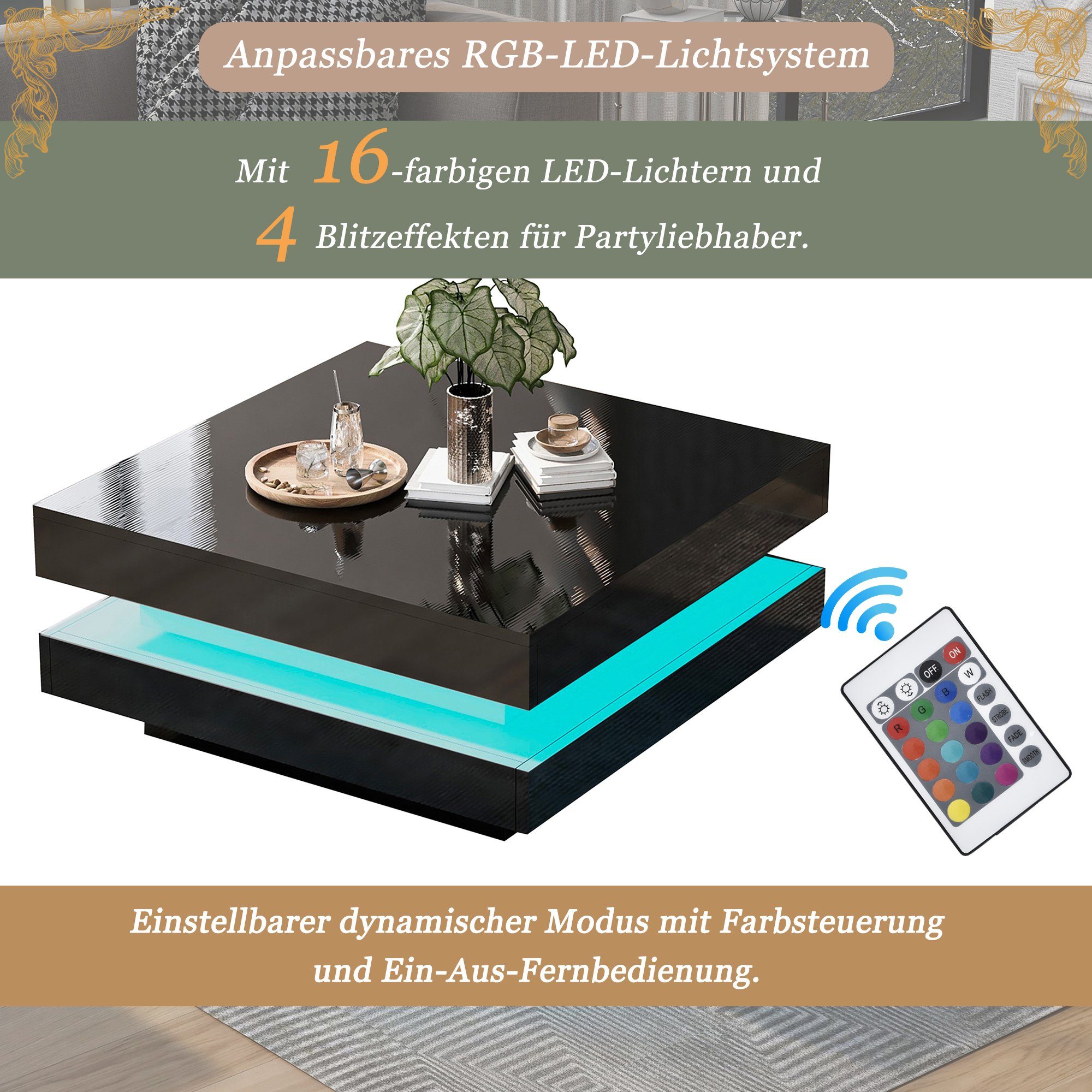 HAUSS SPLOE Couchtisch Kaffeetisch, Moderner 70x70x36 Glanz mit 16-farbiger cm Couchtisch Holztisch Sofatisch LED-Beleuchtung, Schwarz