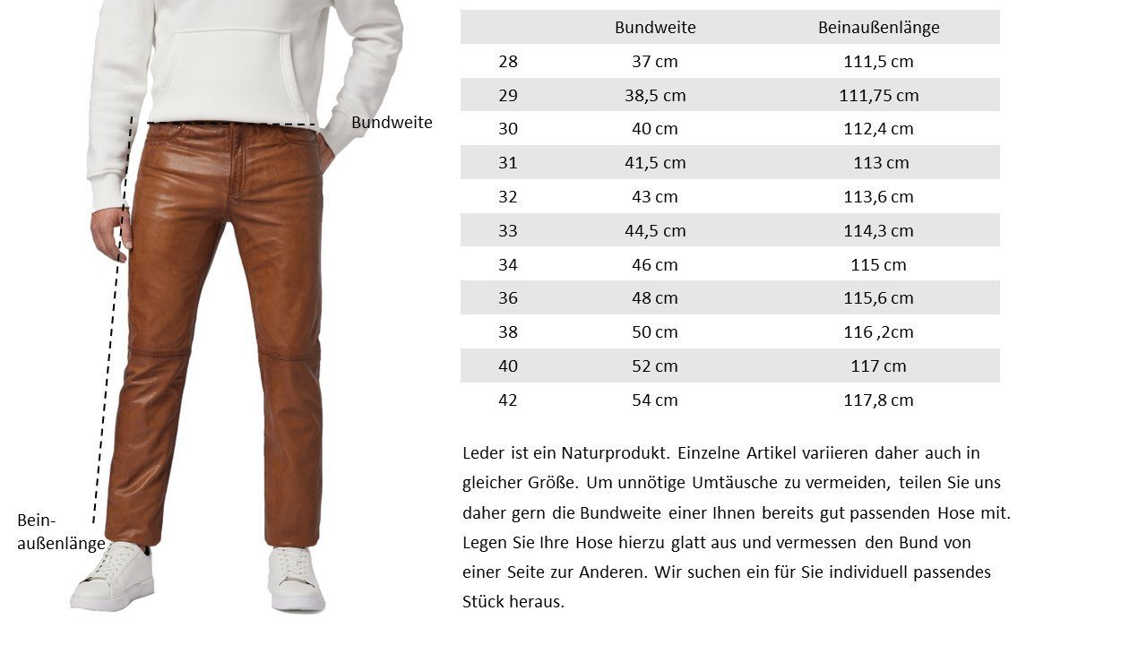 Hochwertiges Lamm-Nappa Leder; Pant RICANO Jeans-Optik 5-Pocket Trant Cognac Lederhose