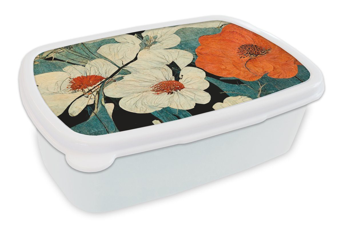 MuchoWow Lunchbox Blumen - Pflanzen - Vintage - Asien - Orange, Kunststoff, (2-tlg), Brotbox für Kinder und Erwachsene, Brotdose, für Jungs und Mädchen weiß