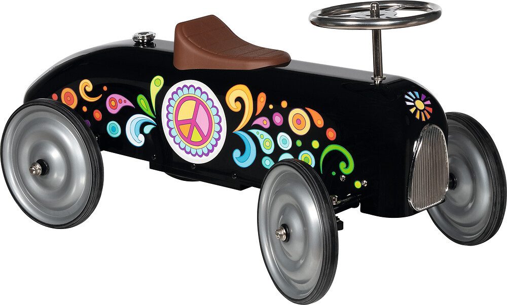 goki Rutscherauto schwarz – goki66 - mit Lenkrad und fröhlichen Motiven, Retro-Style