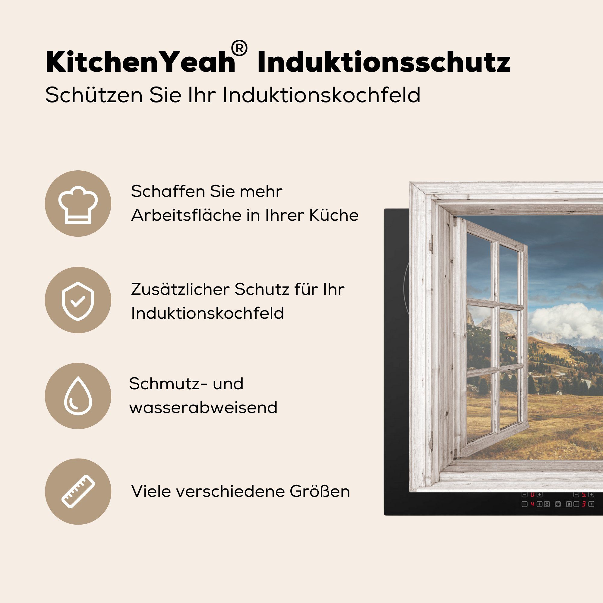 MuchoWow Herdblende-/Abdeckplatte (1 Induktionskochfeld küche, Aussicht cm, Berg, für Ceranfeldabdeckung Vinyl, tlg), die - Schutz - 71x52 Holz