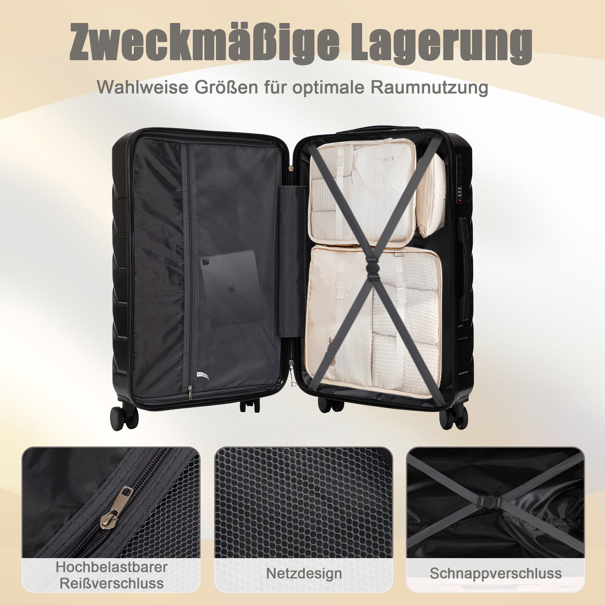 i@home Kofferset 14"/19"/24"/28" 4-teiliger Koffer, 4 Rollen, (4 tlg., 1 Kosmetiktasche, 1 Handgepäck, 2 Aufgabegepäck), zwei Größen mit Seitenhandgriffen, Aufh – Bild 4 von 5