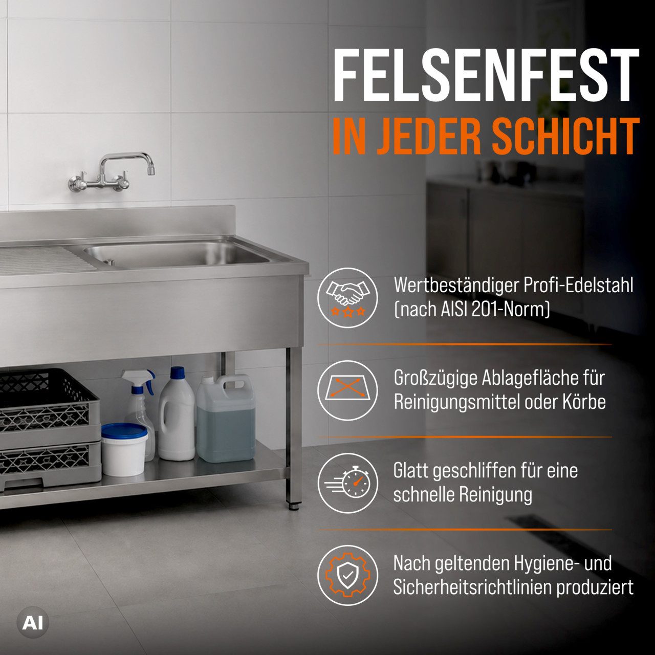 GastroHero Arbeitstisch Spültisch 100x60 cm - Edelstahl mit Becken - Gastro - Spüle, AISI201-Edelstahl, Grundboden, nach Hygienerichtlinien produziert – Bild 3 von 5