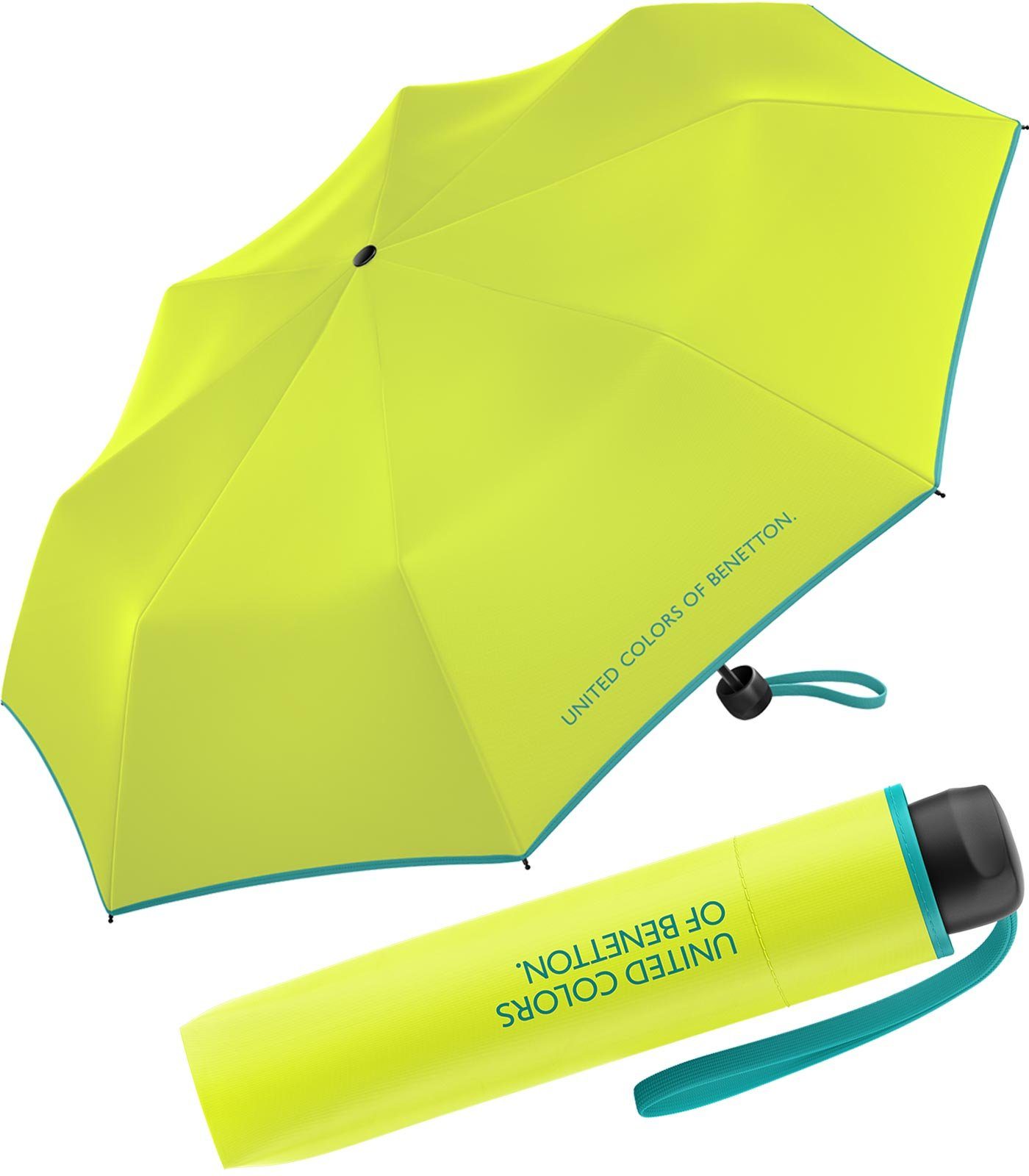 United Colors of Benetton Taschenregenschirm Super Mini HW 2022 - lime punch, leuchtende Modefarben mit kontrastreichem Saum limette-petrol